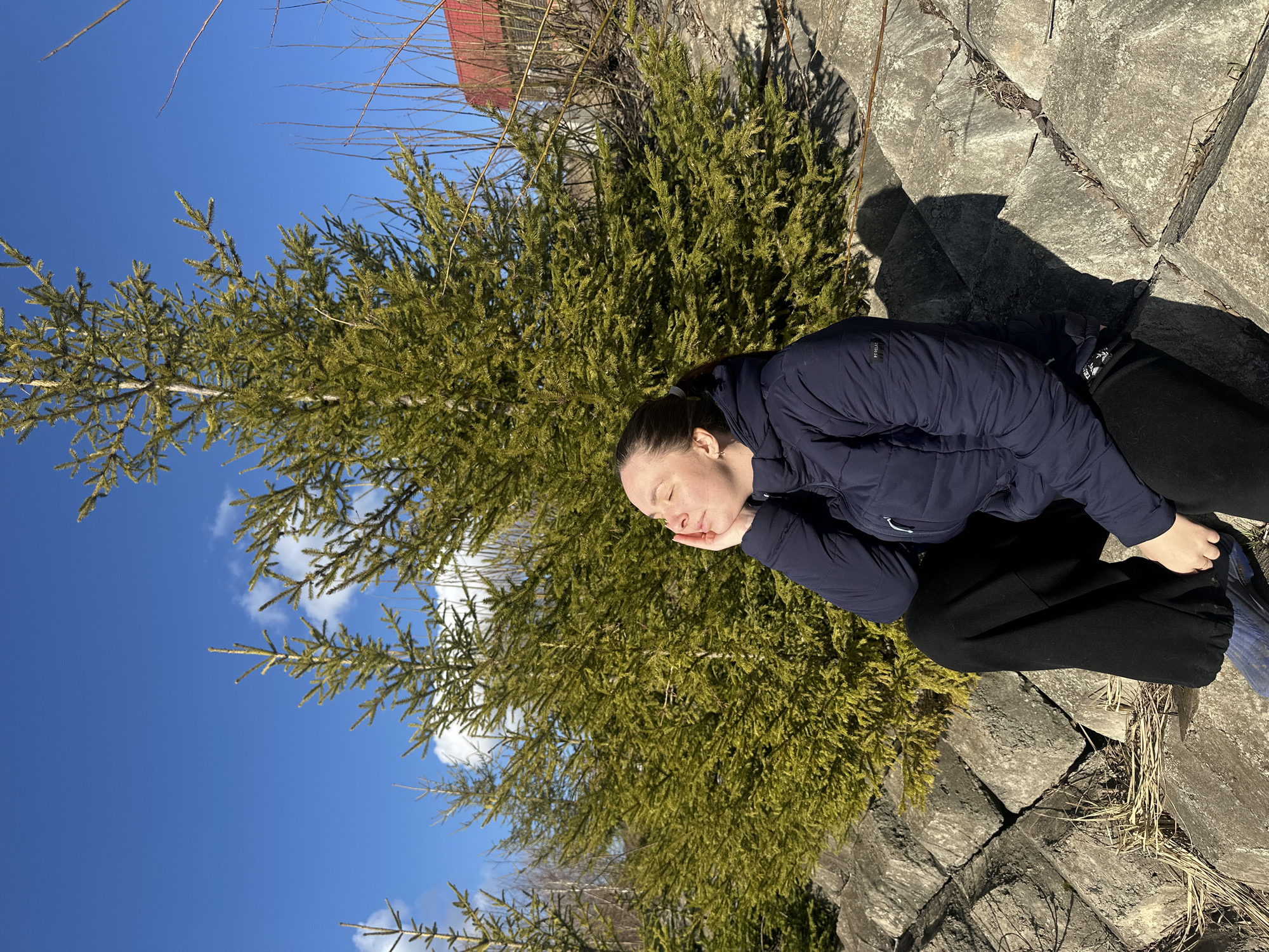 A woman is seated beside a small evergreen tree on a sunny day in Посёр, Russia. She is wearing a dark blue jacket and black pants. She has her eyes closed and her face is resting on her hand. The tree is positioned to her left, with a clear blue sky and some white clouds visible behind it. She is seated on a stone structure. The sun is casting a shadow from the tree and the woman onto the stone structure. In the background above the tree, part of a red roof is visible.
