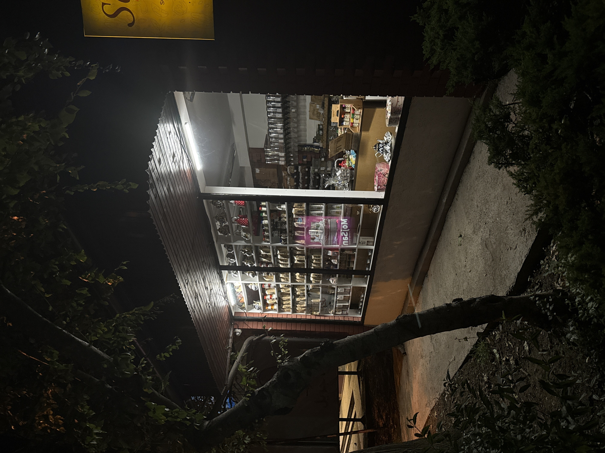 A nighttime exterior shot captures a small shop in Ilidža, Bosnia and Herzegovina, with a brightly lit interior showcasing a wide array of merchandise displayed on shelves and a counter. The shop's large display window is filled with various items, including numerous bags of what appears to be tea or coffee, jars, and decorative boxes. In the foreground, a large tree trunk with sparse leaves leans across the left side of the frame, partially obscuring the building. A paved walkway runs in front of the shop. To the right of the shop, a dark brick facade is visible, and a yellow sign with red lettering, partially obscured, is mounted on the wall. The overall lighting suggests the shop is open for business or at least illuminated for security.