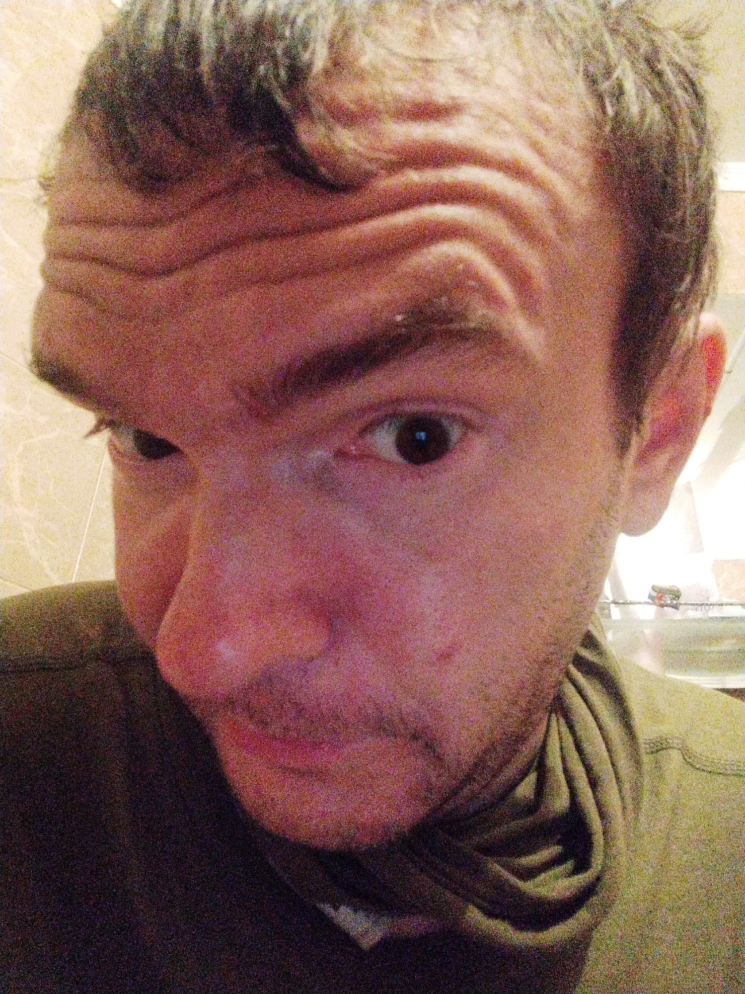 A close-up selfie of a man with brown hair, brown eyes, and a fair complexion. His forehead is lined with deep wrinkles. He is wearing a dark green shirt with a high collar. The background appears to be a bathroom, with beige tile visible. There is no evidence to suggest the image was taken in Kramatorsk, Ukraine.