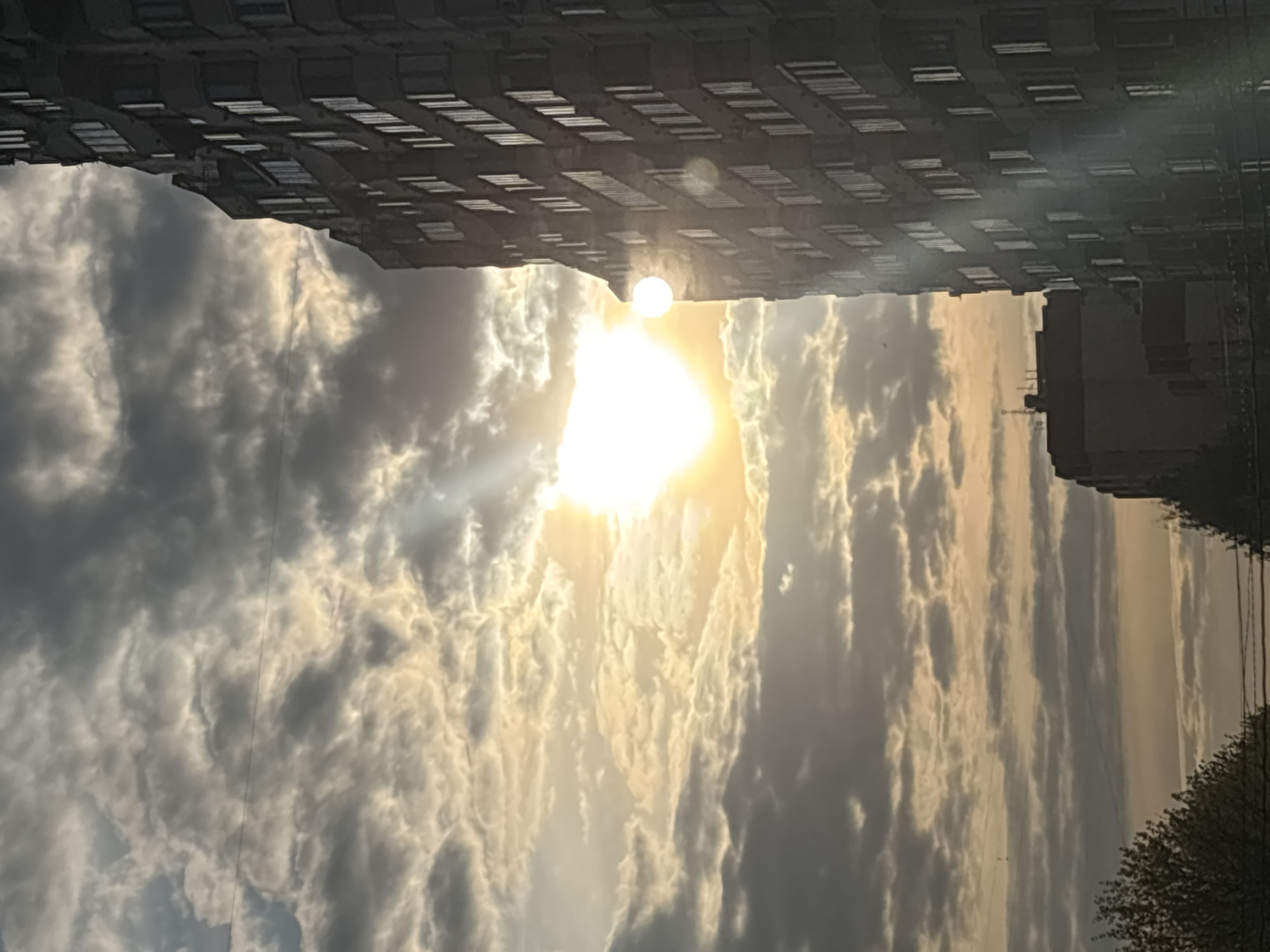 The image shows a view of the sky in Saint Petersburg, Russia, framed by buildings at the top and right. The sun is prominent, creating a bright glow amid the clouds. The building on the top has numerous windows. Trees are visible in the bottom right corner. There are no people visible in the image.