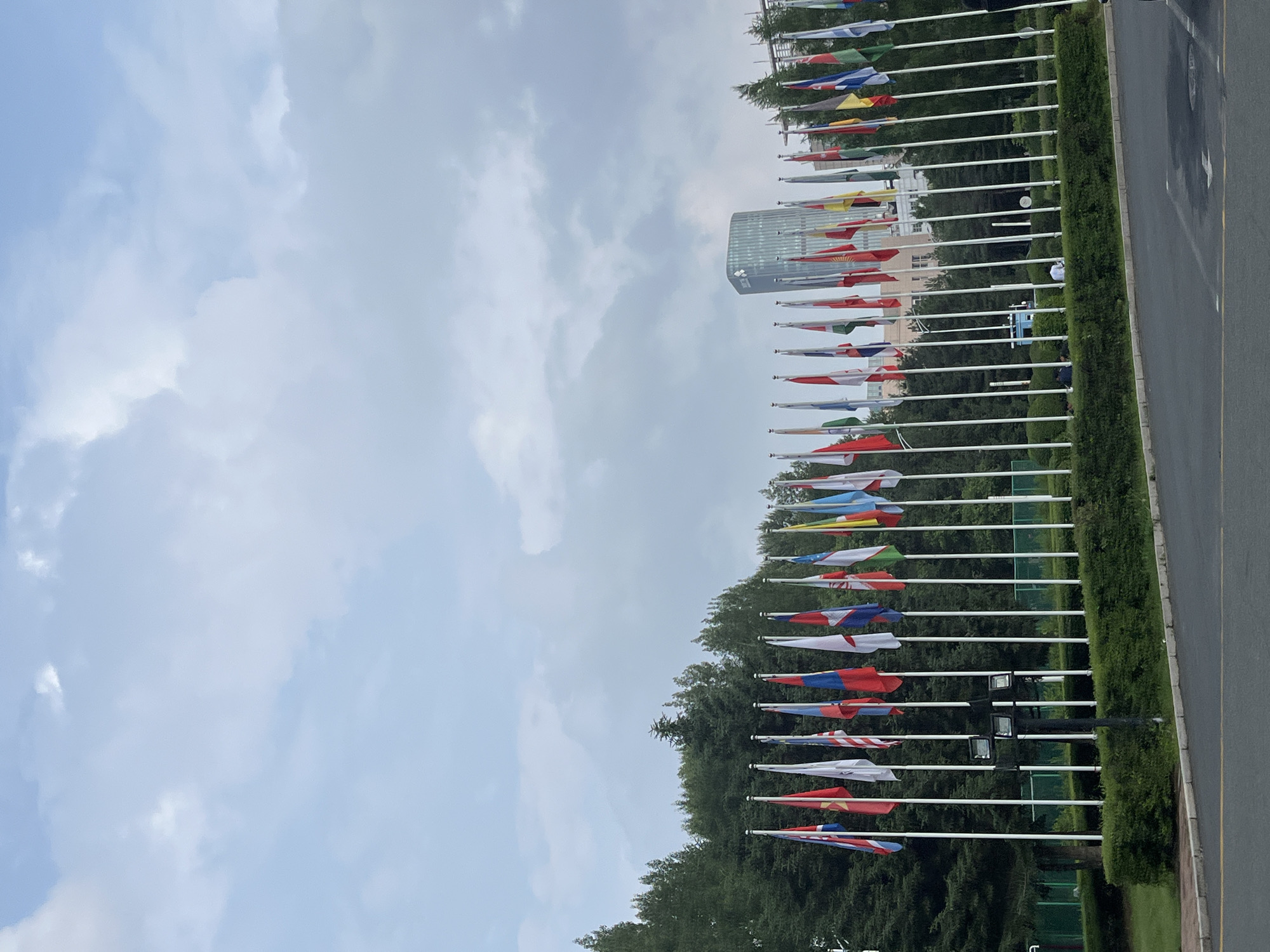 A line of national flags on white poles is arranged in front of a dense line of trees and a modern building in the background, under a cloudy sky. The flags are of various colors and designs, representing different countries. The building appears to be a tall, glass-facade structure. In the foreground, there is a paved road and a manicured hedge. The scene is likely located at an international conference venue or a similar establishment in Changchun City, China, given the context of numerous national flags. Several people are visible in the background, some walking and others sitting, adding a sense of activity to the otherwise static display of flags.