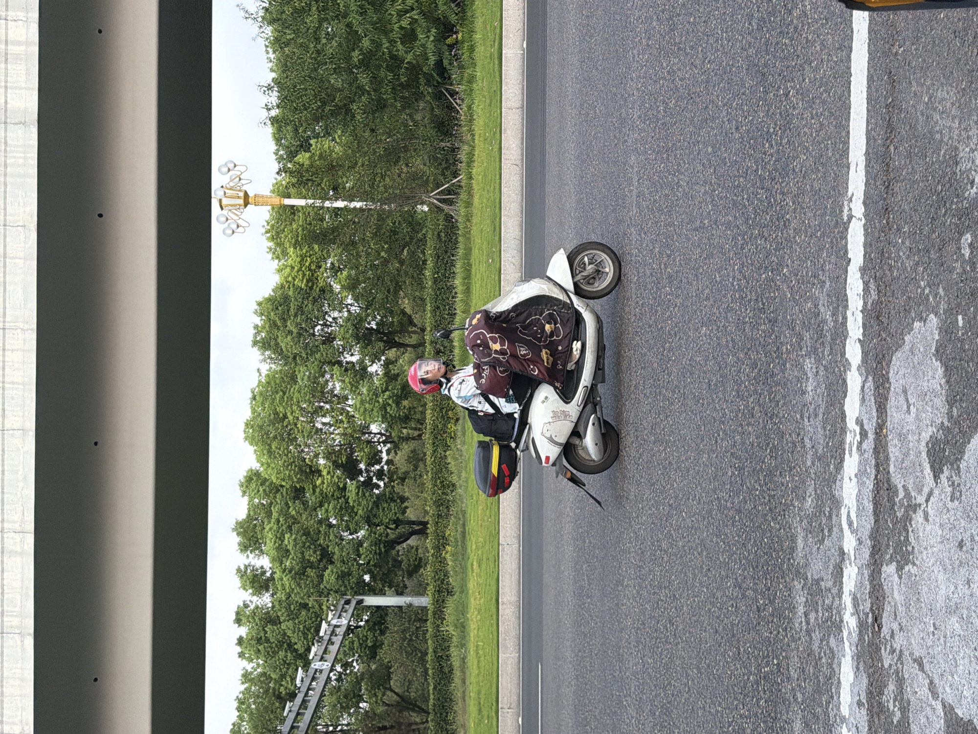 A person wearing a red helmet rides a white electric scooter on a paved road in Jiangjin, China. The scooter has a black storage box on the back and is covered with a brown blanket featuring a cartoon bear pattern. The person is wearing a white jacket. The background includes trees, a roadside, and an elevated structure overhead, possibly a bridge or overpass. The sky is overcast.