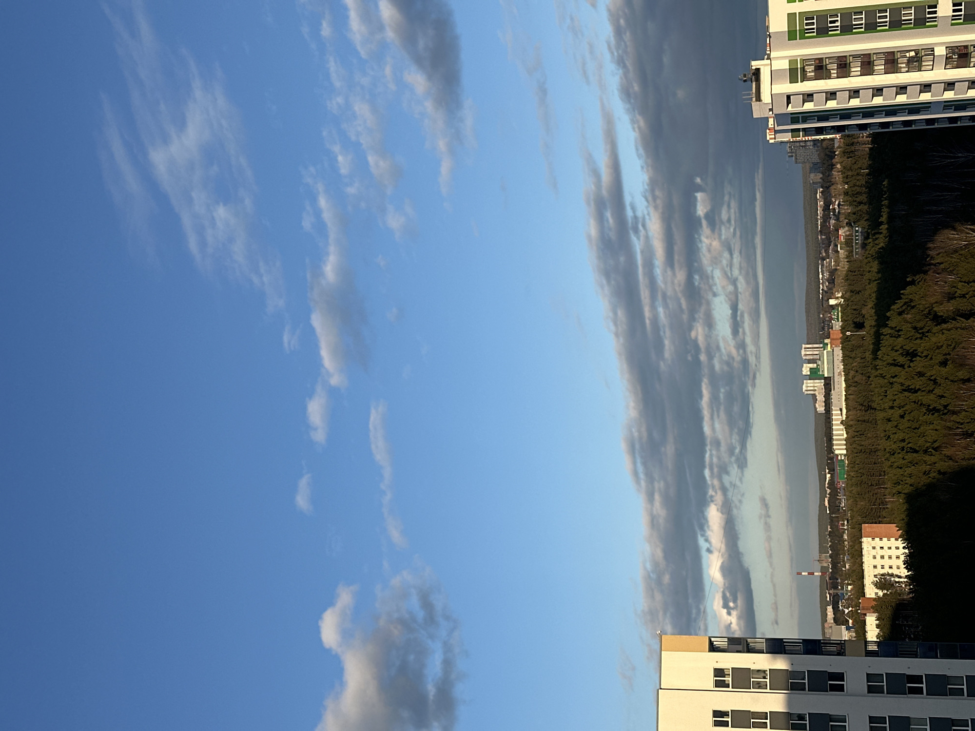 The image shows a view of Yekaterinburg, Russia from a high vantage point. The sky is predominantly blue with streaks of white and gray clouds. Below, there are several tall buildings, with some of them having a visible forest area behind them. A long line of trees stretches across the landscape. One prominent building has a white facade with regular rows of windows. A taller building in the upper-right has green accents.