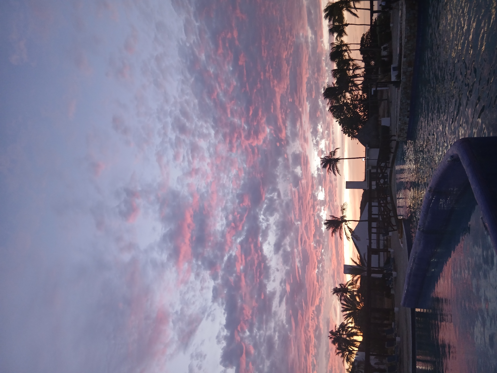 The image shows a dusk or dawn scene near a body of water, possibly a pool, with palm trees lining the edge. The sky is filled with textured clouds colored in shades of pink and gray, indicating either sunrise or sunset. The scene is likely a resort or vacation location, based on the presence of the pool and palm trees. The location is given as Altagracia, Venezuela, but there are no specific details within the image to confirm this. There are silhouettes of buildings and people in the background between the palm trees, but these are difficult to make out.