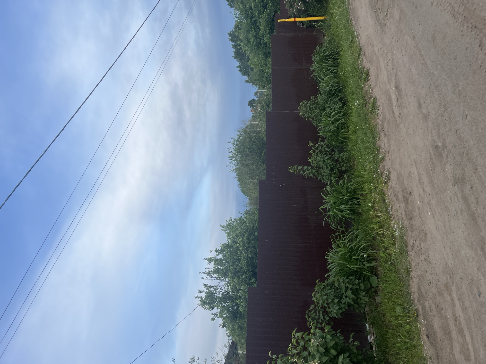 The image shows a dirt road adjacent to a corrugated metal fence, likely in a residential area. The fence is dark brown and runs along the right side of the frame, separating the road from private property. Vegetation, including grass, bushes, and possibly some flowering plants, grows along the base of the fence on the road side. The road surface is uneven and composed of compacted dirt and gravel. The sky is visible above the fence, showing a mix of blue sky and light clouds. Power lines stretch across the upper left portion of the frame. Based on the prompt it may be in Chaikovsky, Russia.