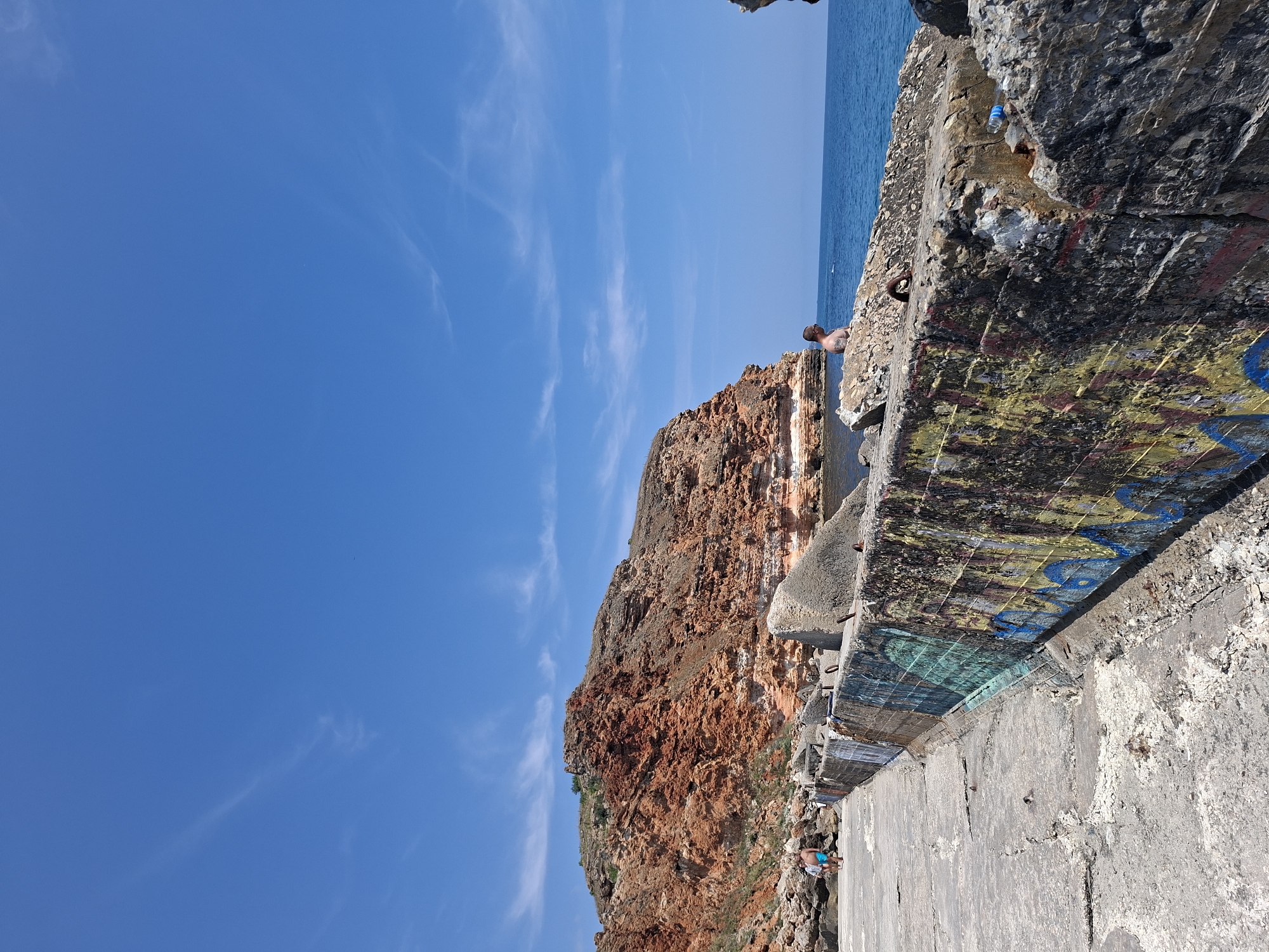 In Balgarevo, Bulgaria, a concrete breakwater with graffiti overlooks the Black Sea. The breakwater is in disrepair, with some sections crumbling. Two individuals are visible on the breakwater: one man is standing near the cliff face and another man is walking along the breakwater. A prominent, reddish-brown cliff rises from the sea in the background. The sky is a clear blue with a few wispy clouds. The overall scene is a rugged coastal landscape under a bright, sunny sky.