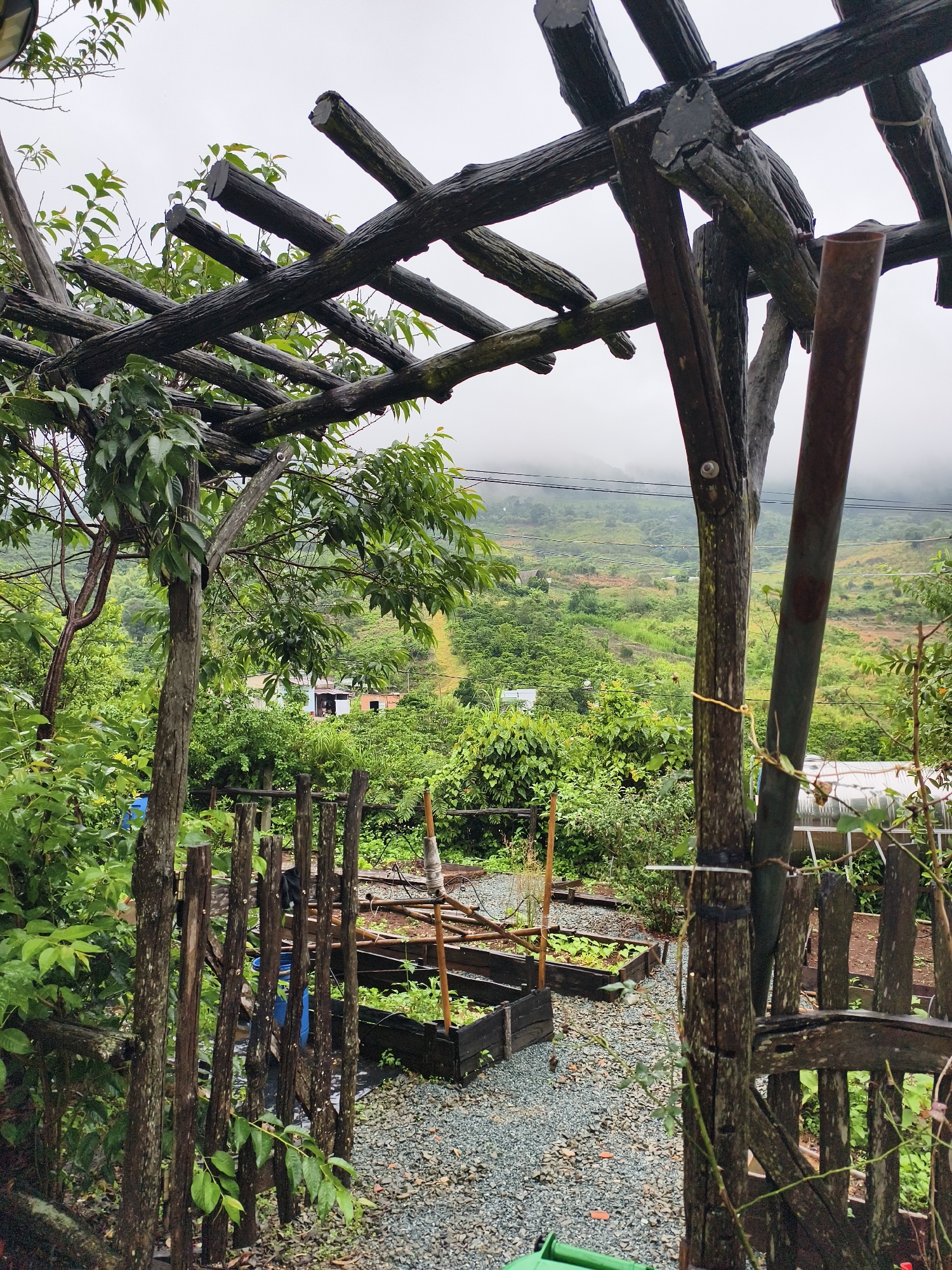 The image depicts a garden with raised beds in an unknown location. A wooden pergola stands in the foreground. The garden area is covered in gravel. A rustic wooden fence partially encloses the garden. Beyond the garden, a lush green landscape extends to a hillside obscured by mist. Several buildings are visible in the middle distance. The sky is overcast.