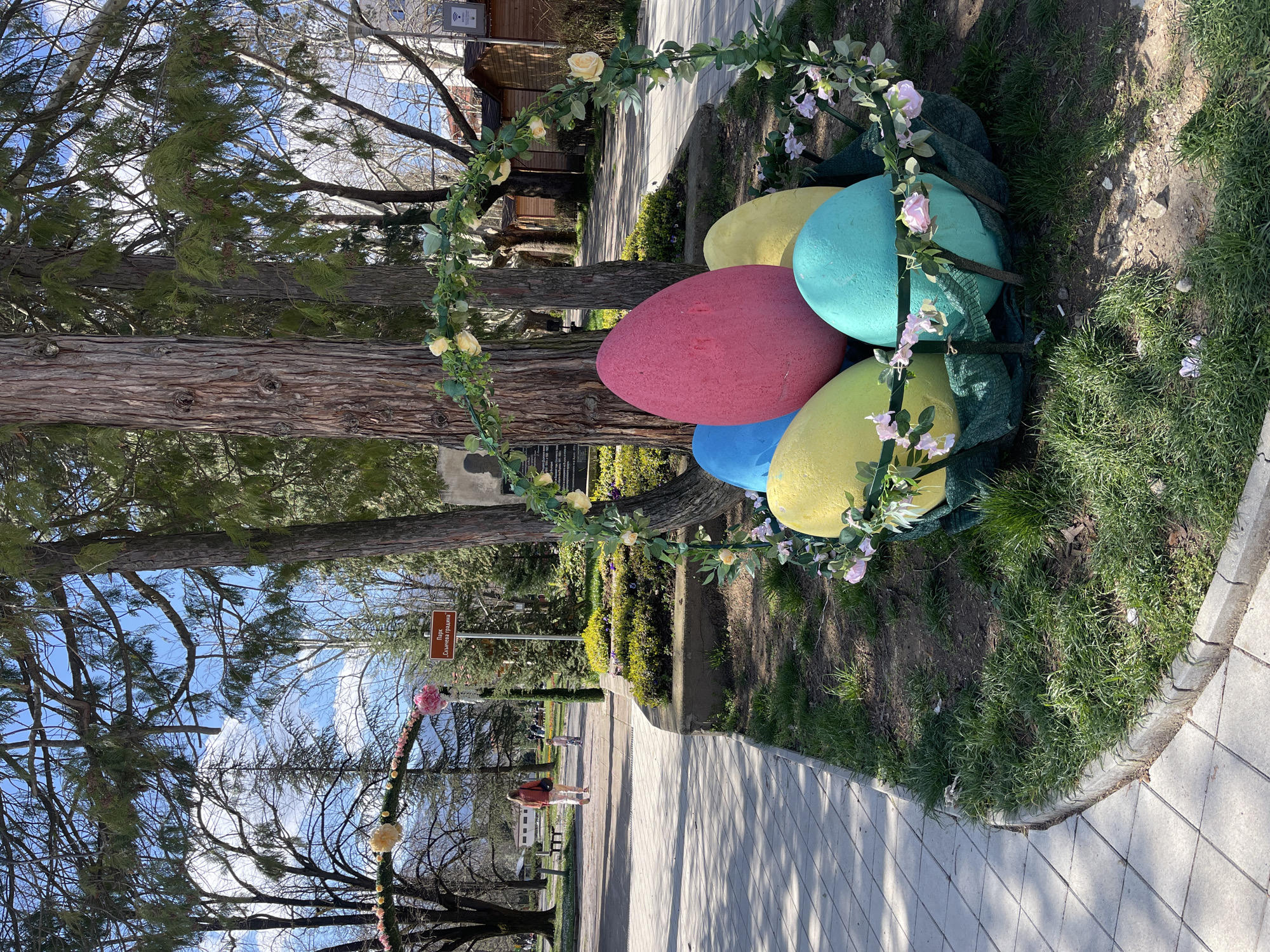 The image shows an outdoor Easter display in the city of Varshets, Bulgaria. Several large, brightly-colored (pink, teal, yellow, blue) Easter eggs are positioned on a grassy mound alongside a paved walkway. The eggs are partially framed by an arch constructed from leafy vines and flowers. A tree trunk is visible behind the arch. In the background, a pathway stretches into the distance, with a woman in a red jacket walking on it. Trees and park benches are also present along the pathway. A sign with Bulgarian text is visible on the pathway. Buildings are situated in the far background under a partly cloudy sky.