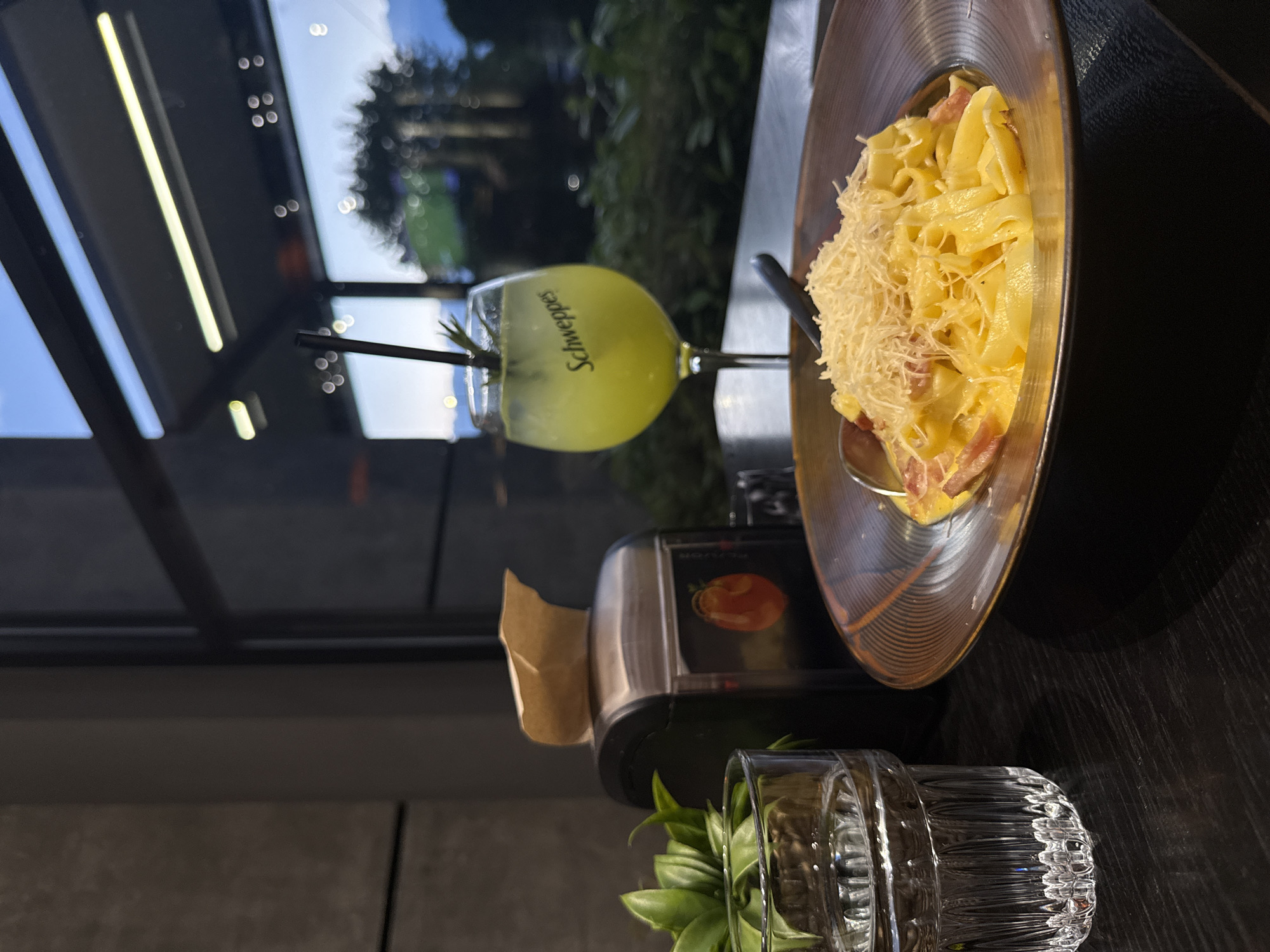 The image shows a plate of pasta with cheese, next to a Schweppes beverage, a napkin dispenser, and a decorative glass and plant on a dark wooden table. The setting appears to be a restaurant, likely in Blagoevgrad, Bulgaria, given the European ambiance and presence of Schweppes, a popular drink worldwide. The focus is on the food and drink, suggesting a dining experience. The presence of natural light from a nearby window indicates the scene is indoors, during daytime or early evening. No people are visible in the image.