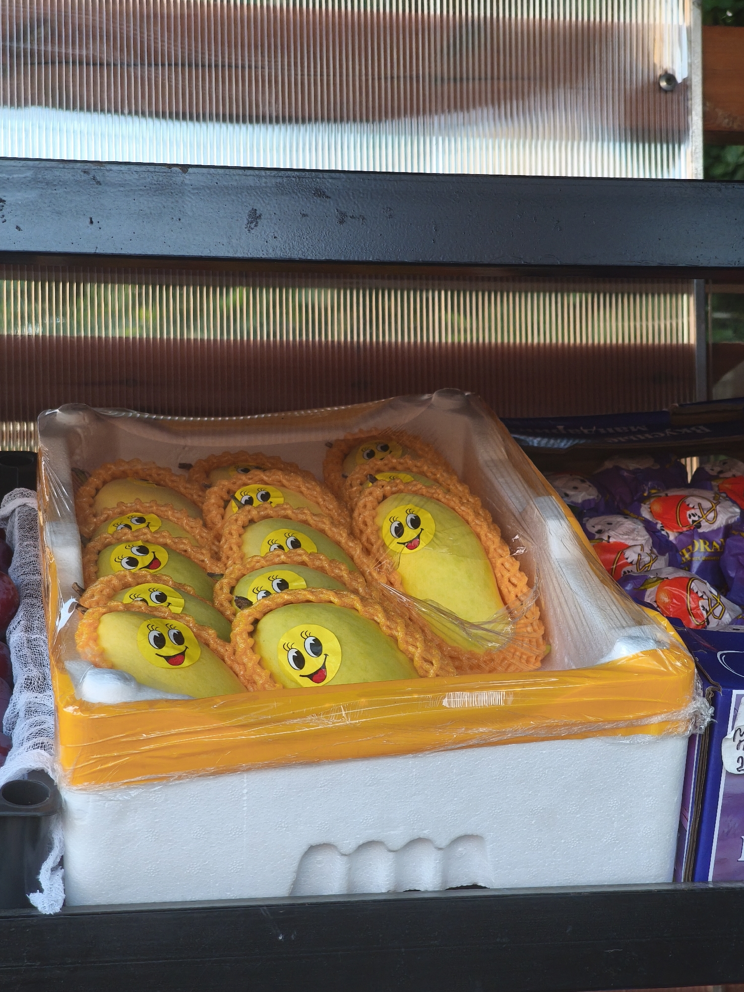 In Yoshkar-Ola, Russia, a close-up, eye-level shot captures a display of mangoes in a plastic-wrapped, yellow tray atop a white styrofoam cooler. The mangoes are individually nestled in orange netting and adorned with yellow stickers featuring cartoon faces with eyes and smiling mouths. Behind the mangoes, stacked purple packages with white and red designs are visible, hinting at other produce or goods for sale. The background consists of translucent, ribbed material and a dark horizontal beam. The overall scene suggests a market stall or a retail display.