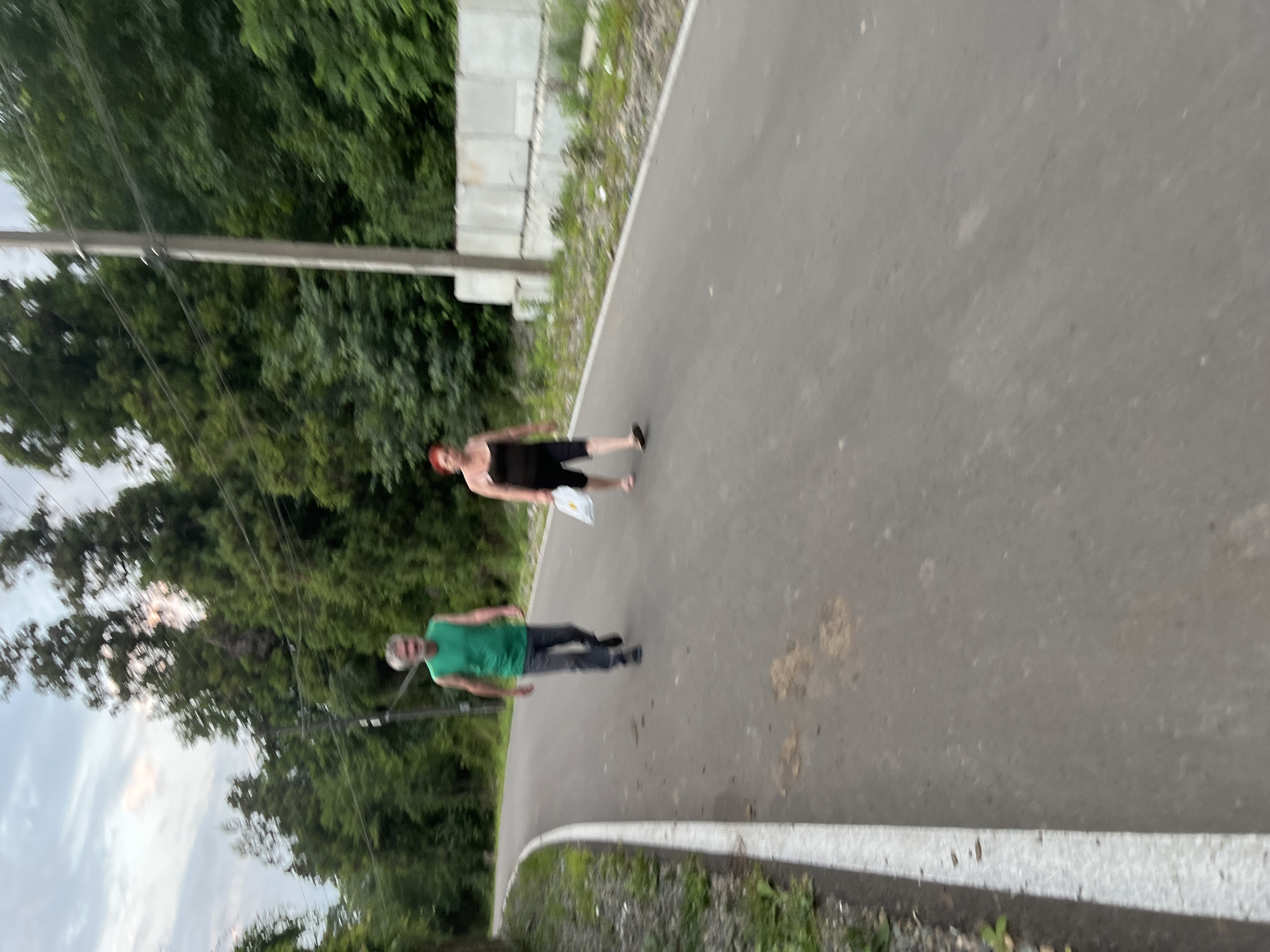 Two individuals are walking along a paved road with a white line marking the edge. The road curves to the left. A man in a green tank top and dark pants is walking in the foreground, with his head turned slightly to the left. Behind him and to the right, a woman with red hair, wearing a black tank top and dark shorts, is walking and carrying a white plastic bag. The environment is lush with dense green trees and foliage lining the road. A utility pole with wires runs along the right side of the road, and a stack of concrete blocks is visible behind it. The sky is overcast with hints of pink and yellow, suggesting dusk or dawn. The scene appears to be located on a road in Ureki, Georgia, a coastal resort town known for its sandy beaches and pine forests.