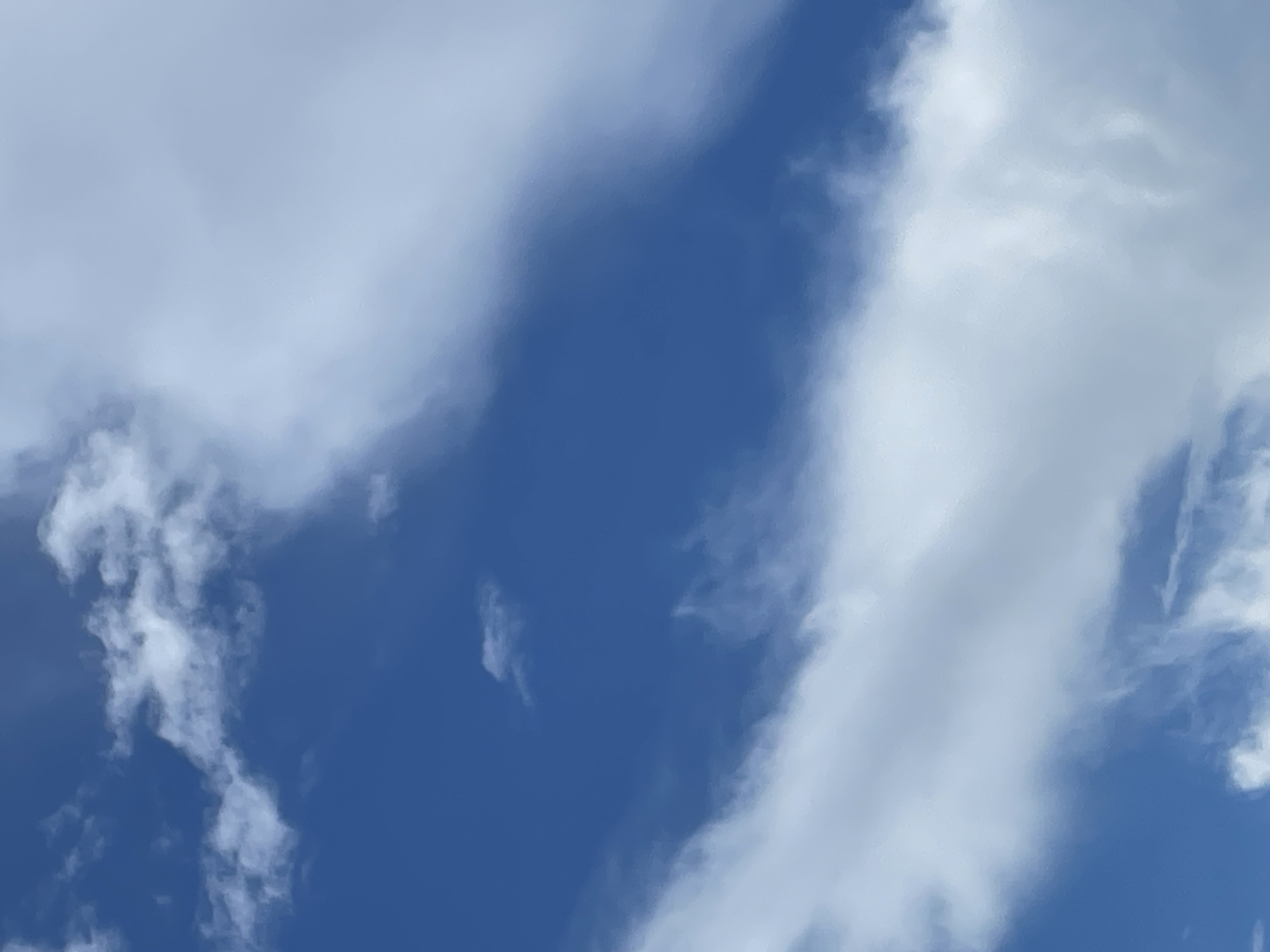 A low-angle, medium shot captures a predominantly blue sky filled with scattered white clouds of varying density and texture. The clouds are soft and wispy, with some appearing thicker and more opaque, while others are thin and translucent, allowing the blue sky to show through. The lighting suggests it is daytime, with sunlight illuminating the clouds from an unseen source. The image does not depict any recognizable landmarks, urban features, or individuals, and therefore does not provide any specific location information within the city of Petrushenko, Russia, or any other geographical area.