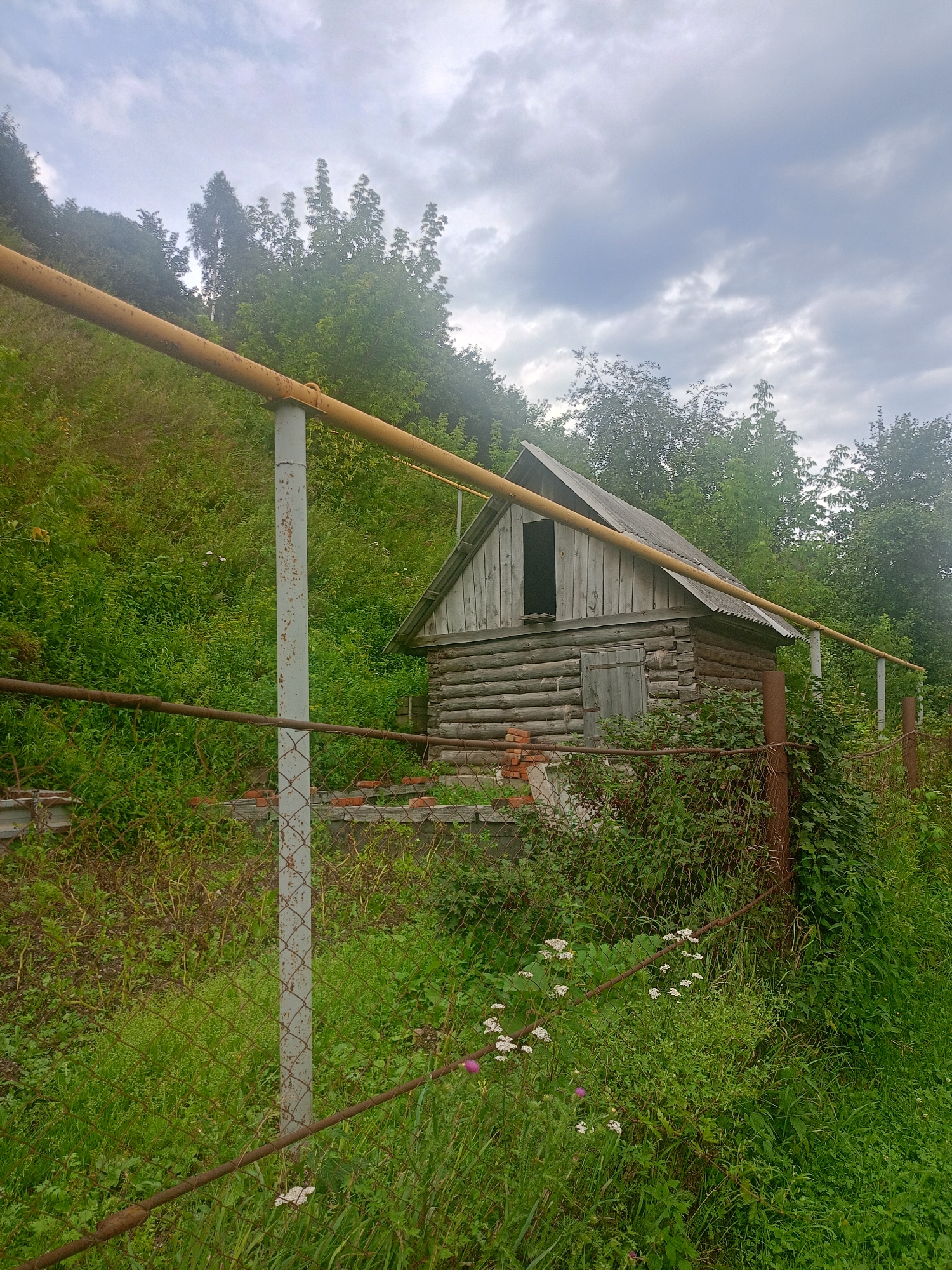 The image depicts a rustic wooden outbuilding with a corrugated metal roof, situated in a densely vegetated area. A yellow pipe runs diagonally across the scene, supported by a metal pole, and a rusty wire fence encloses part of the property. The outbuilding has a single wooden door and an open doorway in the gable end. Scattered red bricks are visible near the foundation. Green foliage, including trees and various plants, surrounds the structure, with some small white flowers in the foreground. The sky above is overcast with grey clouds. The scene appears to be a rural or semi-rural setting, possibly a dacha or a remote property. There are no people visible in the image. The image was captured in Zlatoust, Russia.