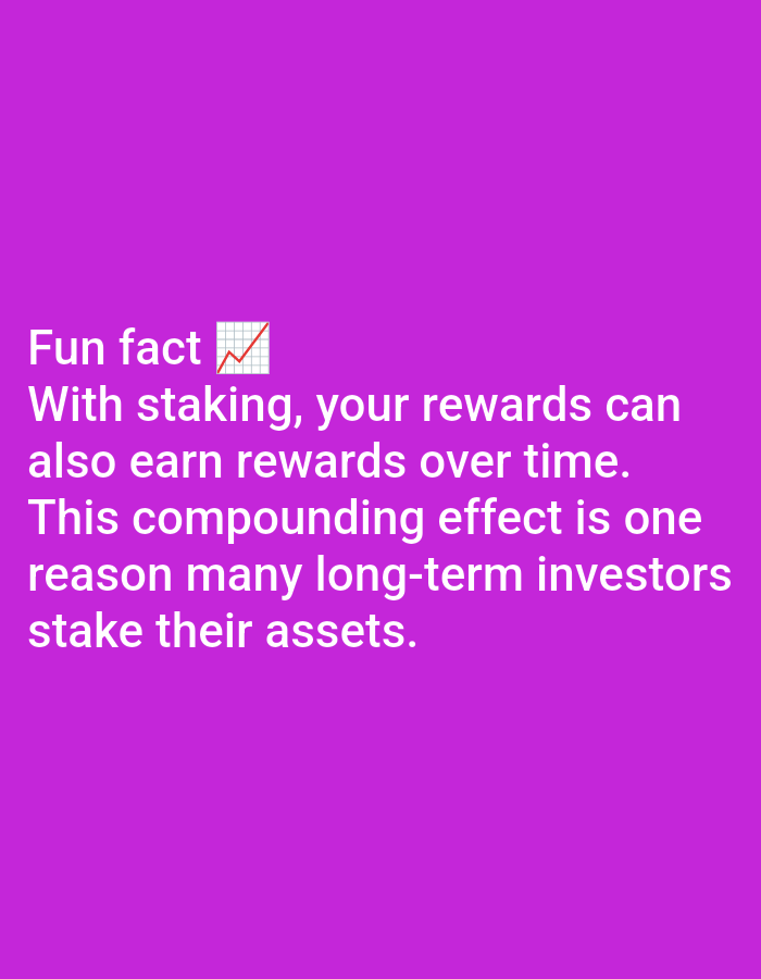 The image is a screenshot of text displayed on a vibrant purple background. The text, in white, reads: "Fun fact ๐ With staking, your rewards can also earn rewards over time. This compounding effect is one reason many long-term investors stake their assets." The graphic next to "Fun fact" appears to be a line graph. There is no visible location in Lagos, Nigeria.