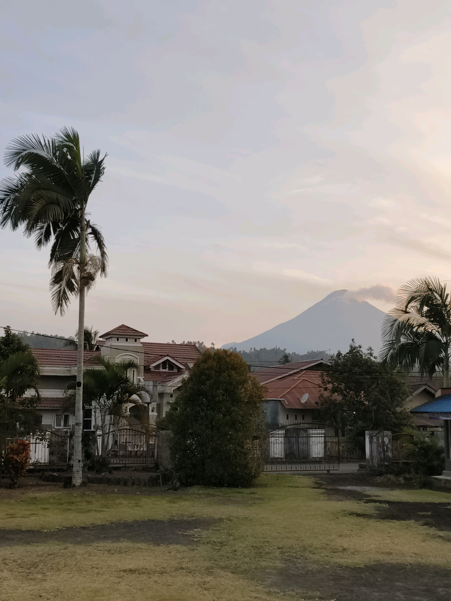 The image depicts a landscape scene in Tombatu Dua, Indonesia, featuring a large, conical mountain in the background, partially obscured by clouds at its summit. In the mid-ground, there are several houses with red-tiled roofs and visible fences. A prominent palm tree stands to the left of the frame, with its fronds extending upwards. The foreground consists of a grassy lawn with patches of shadow. The sky is a soft blend of pale blue and pink hues, suggesting it is either dawn or dusk. There are no people or animals visible in the scene.