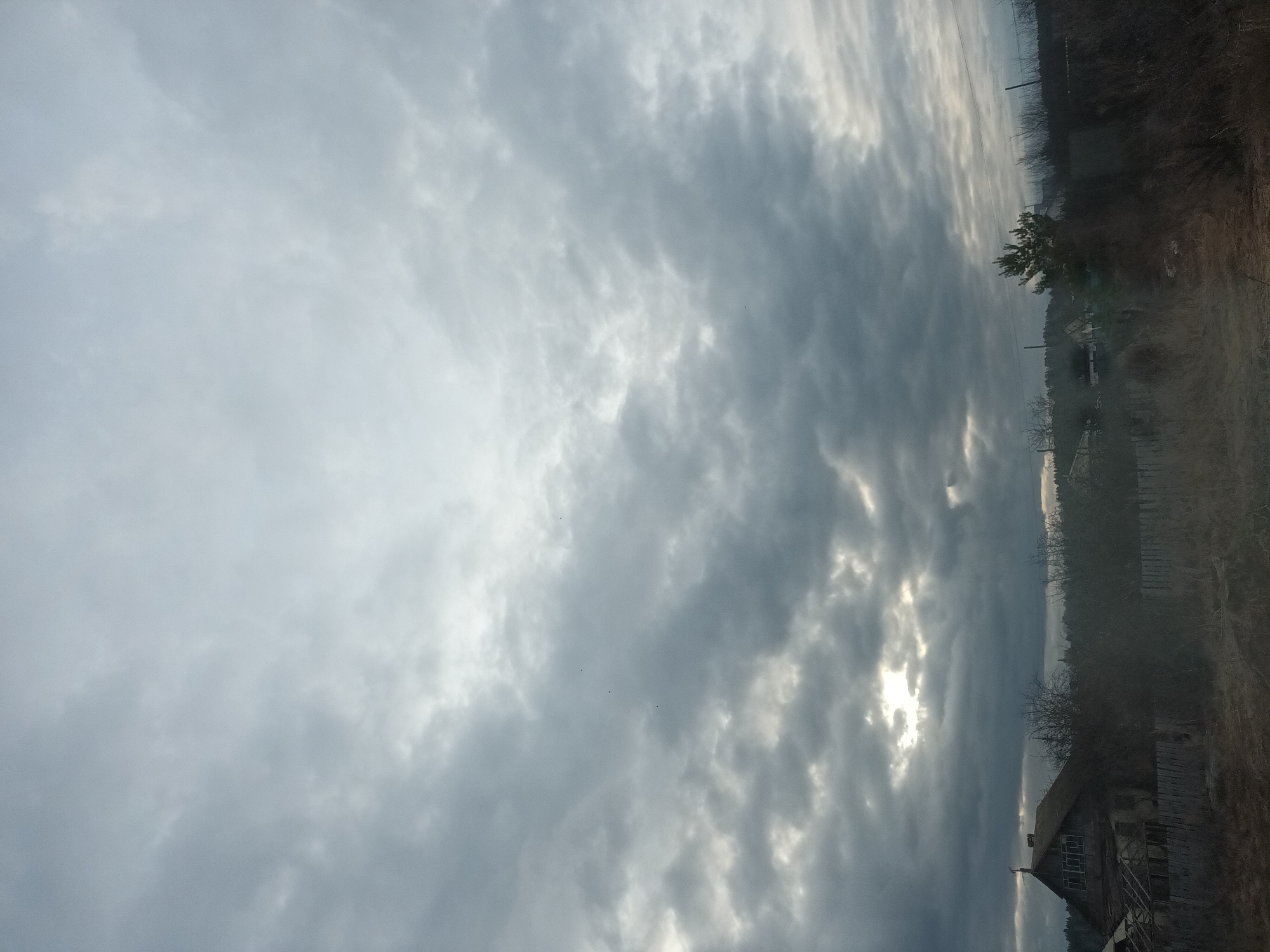 The image displays a rural landscape under a dramatic, overcast sky, likely taken in Olkhovka, Russia. The sky, occupying the upper two-thirds of the frame, is filled with thick, grey clouds, featuring bright patches where sunlight breaks through, creating a striking interplay of light and shadow.
In the lower third of the scene, a weathered, rustic wooden house with a dark roof and visible windows stands prominently on the right. Surrounding the house and extending into the middle ground are sparse, bare trees and bushes, characteristic of late autumn or winter. A single green conifer, possibly a pine tree, provides a point of contrast with its vibrant needles amidst the dormant vegetation. A wooden fence delineates property lines, and faint utility poles with wires are discernible in the distance. The horizon features a dark, distant treeline or rolling hills.
The scene is devoid of people or active events, conveying a sense of quiet stillness and rustic solitude. The muted color palette and heavy cloud cover suggest a cold day, possibly late afternoon or early morning, with the light breaking through hinting at a transient moment of brightness. There is no visible text in the image.