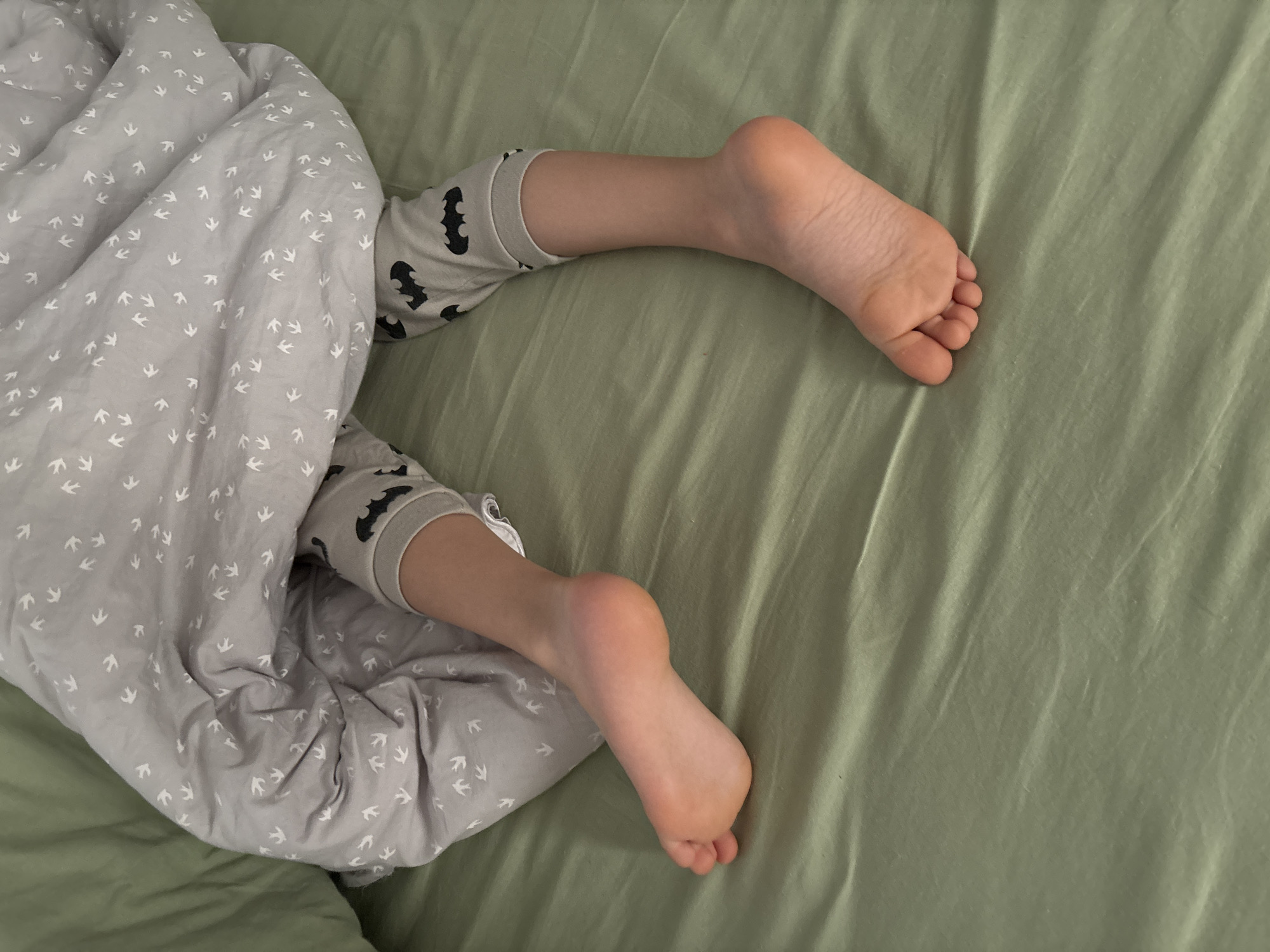 The image captures a close-up, high-angle view of a child's legs and feet as they rest on a bed. The child is wearing light grey pajamas patterned with multiple black Batman symbols, visible on the lower legs. One leg is partially covered by a light grey duvet or blanket, which is adorned with numerous small white, bird-like or swallow-like motifs.
The child's feet are bare, appearing soft and plump, characteristic of a young child. One foot is seen with its sole and heel facing upwards, resting on a plain, light olive-green bedsheet, which is slightly wrinkled. The other foot is mostly hidden by the blanket and pajama leg but its toes are just visible.
The scene suggests a moment of rest or sleep in a bedroom setting, likely taking place in Chaikovsky, Russia, as indicated by the location context. The lighting is soft and indirect, offering no specific cues about the time of day, but implying a calm atmosphere. There is no visible text in the image.