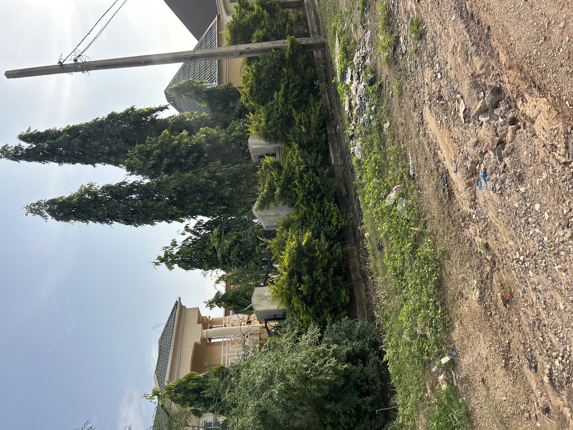 The image depicts a street view in an unknown location within an unknown city. The scene is dominated by a residential area with houses and lush green trees. In the foreground, a dirt road is visible, littered with debris and garbage. A concrete pole with overhead wires stands on the right side of the road, indicating the presence of utilities. The background features a large house with a light-colored facade and a tiled roof, surrounded by tall, slender trees and manicured hedges. The sky is clear, suggesting a bright day.