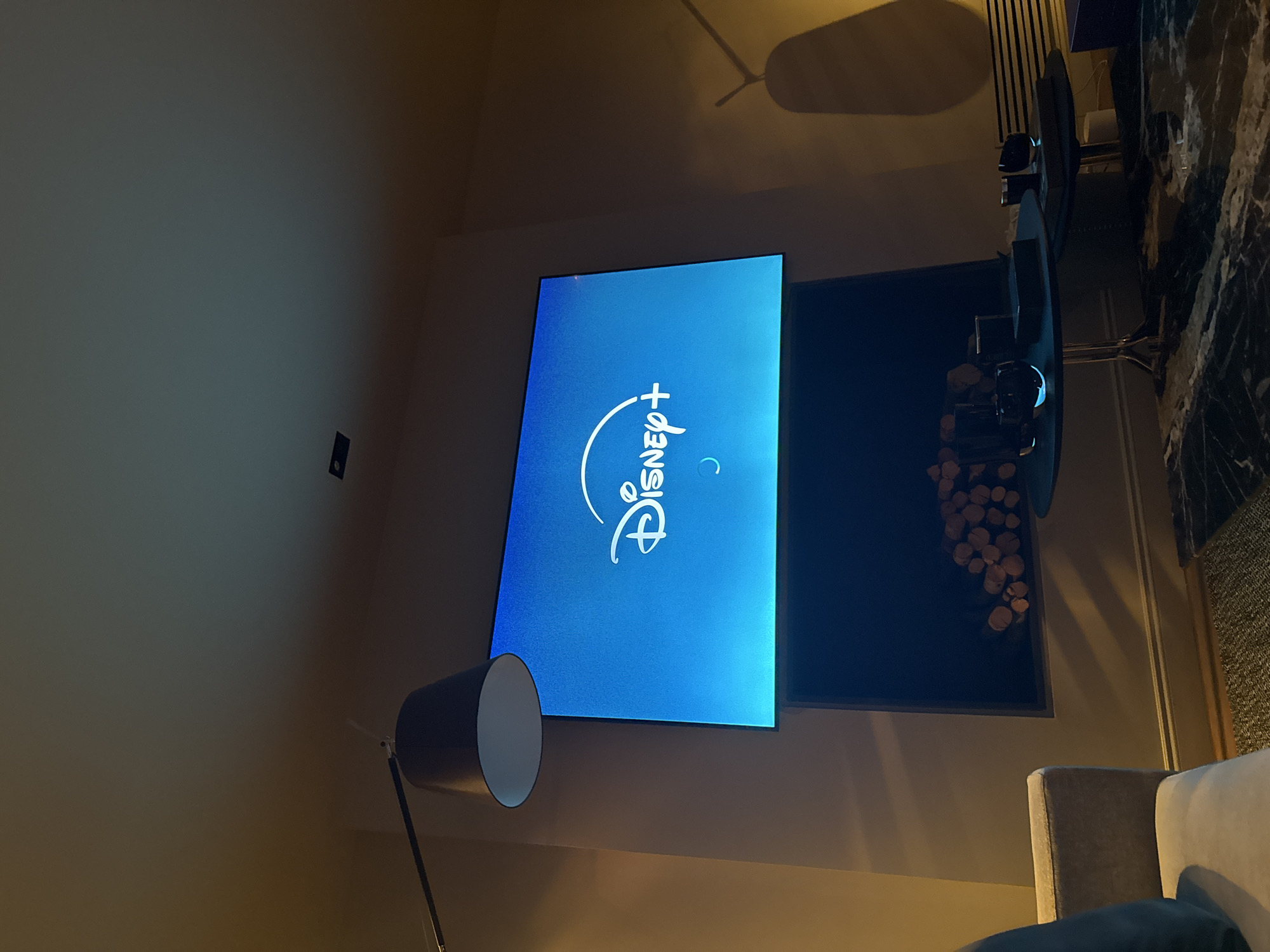 A medium shot of the interior of a room with a TV displaying the Disney+ logo, a floor lamp, and a sofa. The room is likely located in Mexico City, Mexico, but there is no specific evidence in the image to confirm this.