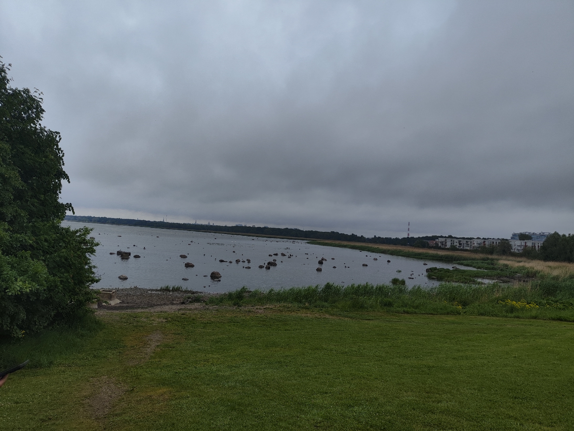 The image depicts a cloudy day at the Pirita beach in Tallinn, Estonia. In the foreground, a lush green lawn slopes gently towards the water. A dirt path winds through the grass, leading to a rocky shoreline. The water, a calm grey, is dotted with numerous large rocks of various sizes. In the background, a dense line of trees marks the edge of the land, beyond which lie buildings and a chimney, suggesting a populated area. The sky is overcast with heavy, grey clouds, creating a muted, diffused light. There are no people or animals visible in the frame. The overall atmosphere is serene and natural, with a touch of urban presence in the distance.