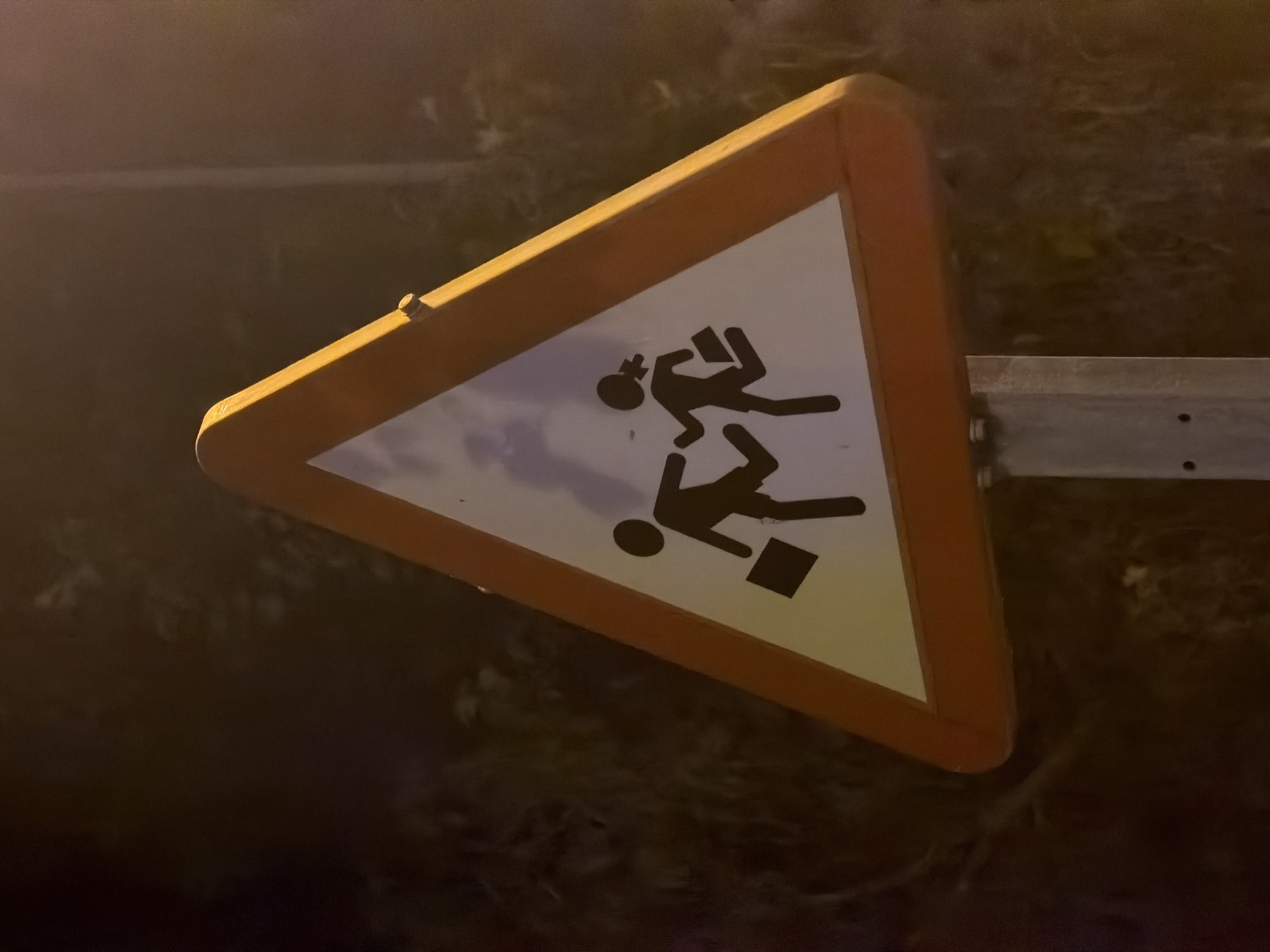 A triangular traffic sign with an orange border is affixed to a metal pole. The sign displays a black silhouette of two children, a boy and a girl, running. The boy is on the left, carrying a briefcase in his left hand and has his right arm extended. The girl is on the right, also carrying a briefcase and running with her arms bent. The background of the sign is white. The sign is positioned in Palmanova, Spain, with a dark, out-of-focus natural environment behind it, possibly bushes or trees. The lighting suggests it is nighttime, with artificial light illuminating the sign.