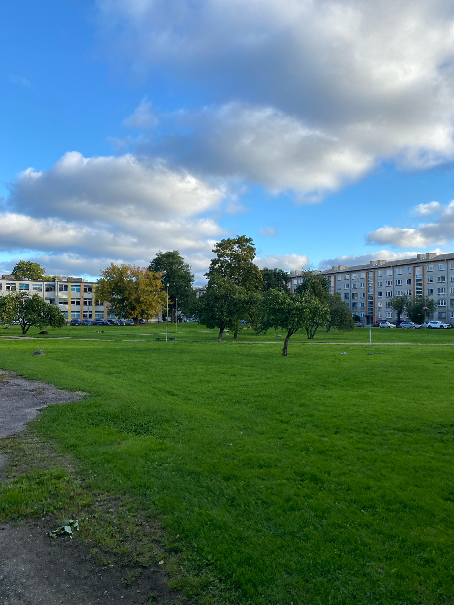 The image depicts a park area in front of a row of apartment buildings in Kohtla-Järve linn, Estonia. The park is characterized by a large expanse of well-maintained green grass, with several mature trees scattered throughout. Some of the trees have begun to show autumn colors. In the background, a multi-story apartment building with a light-colored facade and numerous windows is visible. Cars are parked along the street in front of the building. The sky is blue with scattered white clouds, suggesting a pleasant day. There are no people visible in the image.