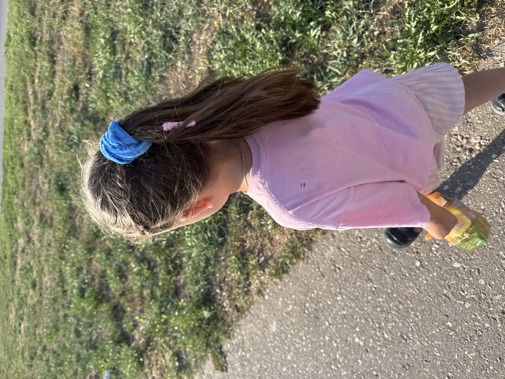 The image shows a young girl from behind, walking on a paved path next to a grassy area. She has long brown hair tied in a ponytail with a blue scrunchie and a pink hair tie. She is wearing a pink t-shirt and light-colored shorts. She is holding a multi-colored juice box or pouch in her right hand. The environment appears to be outdoors, with a blurred background of grass and some yellow wildflowers. The lighting suggests it is daytime, possibly late afternoon due to the long shadows. The location is not specified in the image itself, and there are no specific landmarks to identify it as Yevpatoriya, Ukraine.
