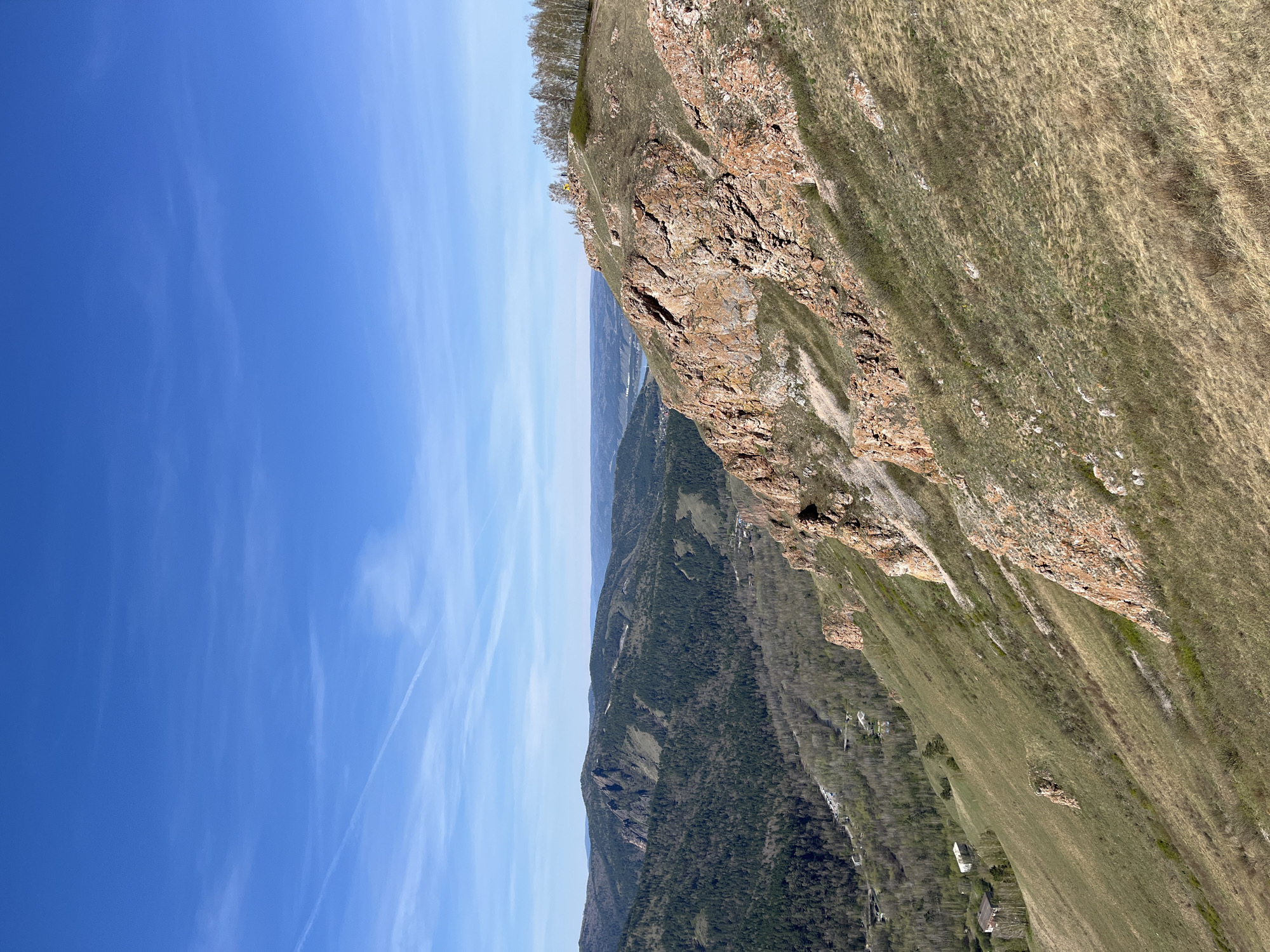 A landscape photograph depicts a cliffside in the city of Krasnoyarsk, Russia, under a clear blue sky with faint contrails. The cliff face is a mix of exposed rock and grassy vegetation. A ridge runs along the top, sparsely dotted with trees. Below the cliff, a densely forested area extends into the distance, punctuated by patches of open fields and occasional buildings. The overall scene suggests a mountainous or hilly region, with the city's location inferred by the prompt's context. The angle suggests the photo was taken either from the top of the cliff or from a vantage point looking up at it.