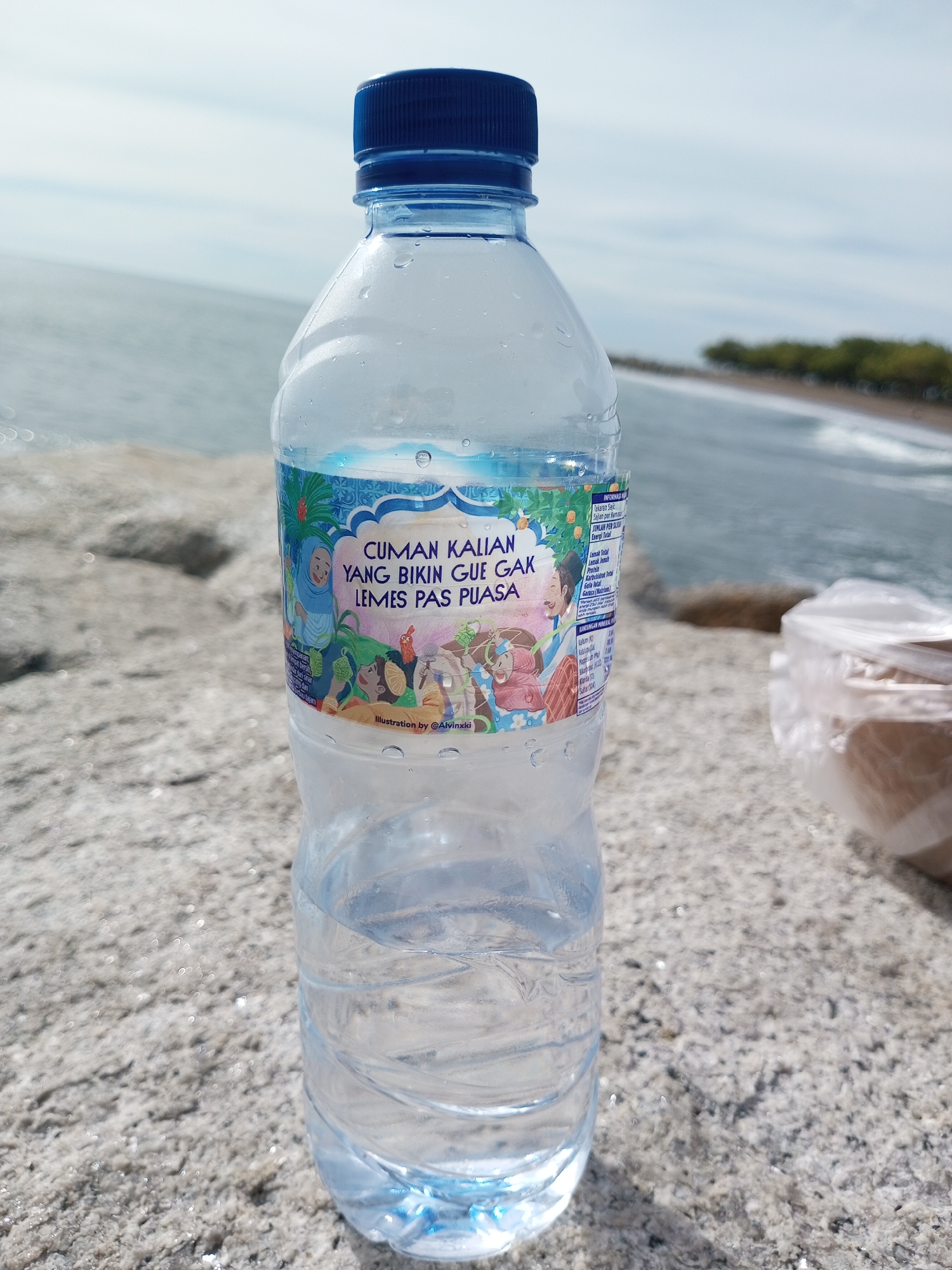A clear plastic bottle of water with a blue cap stands upright on a rocky surface, with a body of water and a cloudy sky in the background. The bottle has a colorful label depicting cartoon characters and text in an Asian language. Some water droplets are visible on the bottle's surface. To the right of the bottle, a white plastic bag containing an object is visible. The rocky surface appears to be composed of light-colored stones with visible texture and some sparkle, possibly from water or minerals. The water in the background is a muted blue-gray, with gentle waves and a distant shoreline with trees. The sky is overcast, with soft white and gray clouds.
