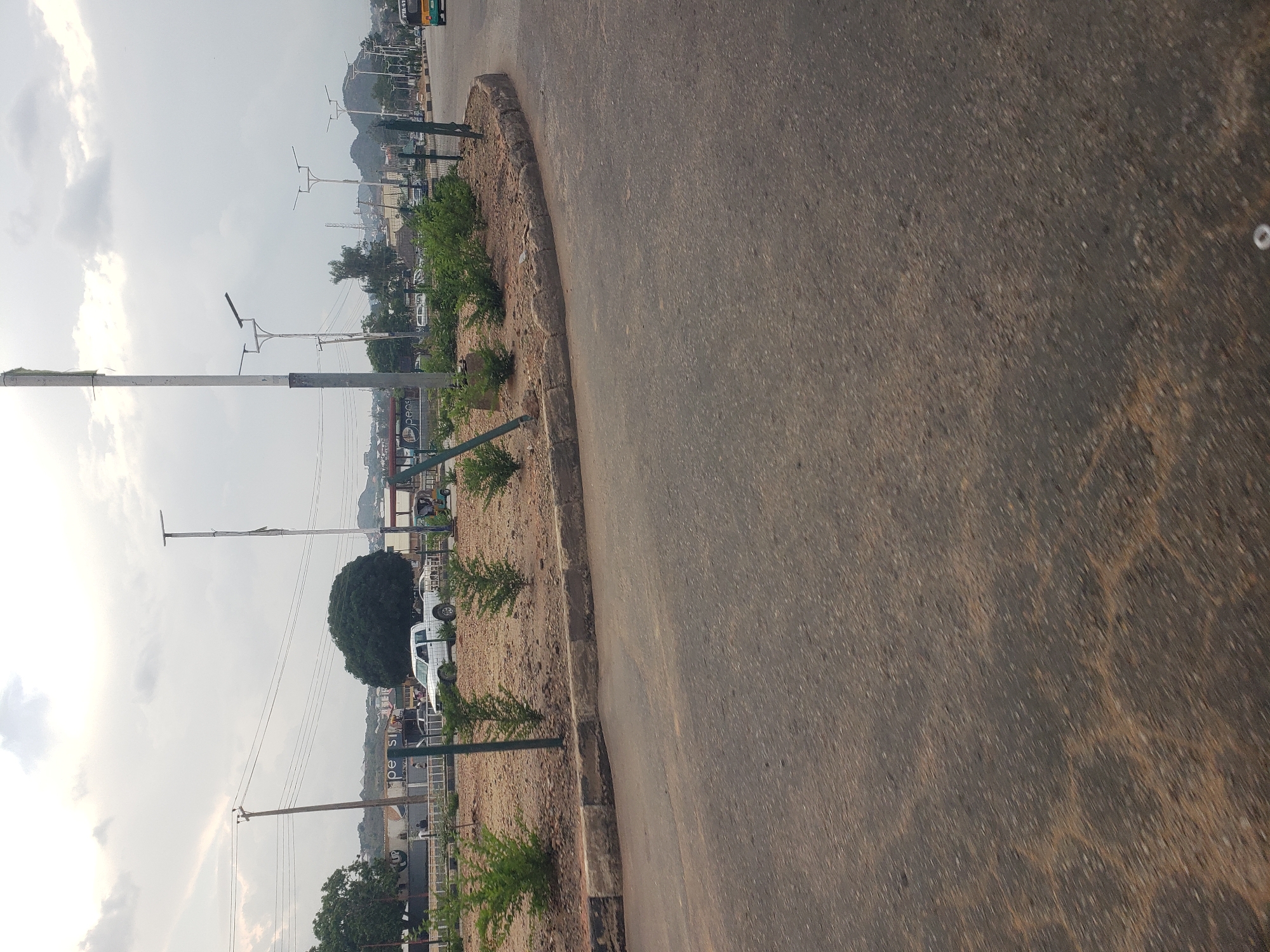 The image depicts a street scene in Unknown, Unknown, with a focus on a road and a landscaped area. The foreground is dominated by a tarmac road with some cracks. To the left and in the mid-ground, there is a raised circular planter bed filled with soil and small, sparse green plants. A curb with alternating black and white sections borders the planter. Beyond the planter, a white pickup truck is parked. In the background, there are several streetlights, power lines, and some buildings. A large, round, dark green tree is also visible. The sky is overcast with clouds. A yellow and green motorized rickshaw is seen on the road further in the background to the right.