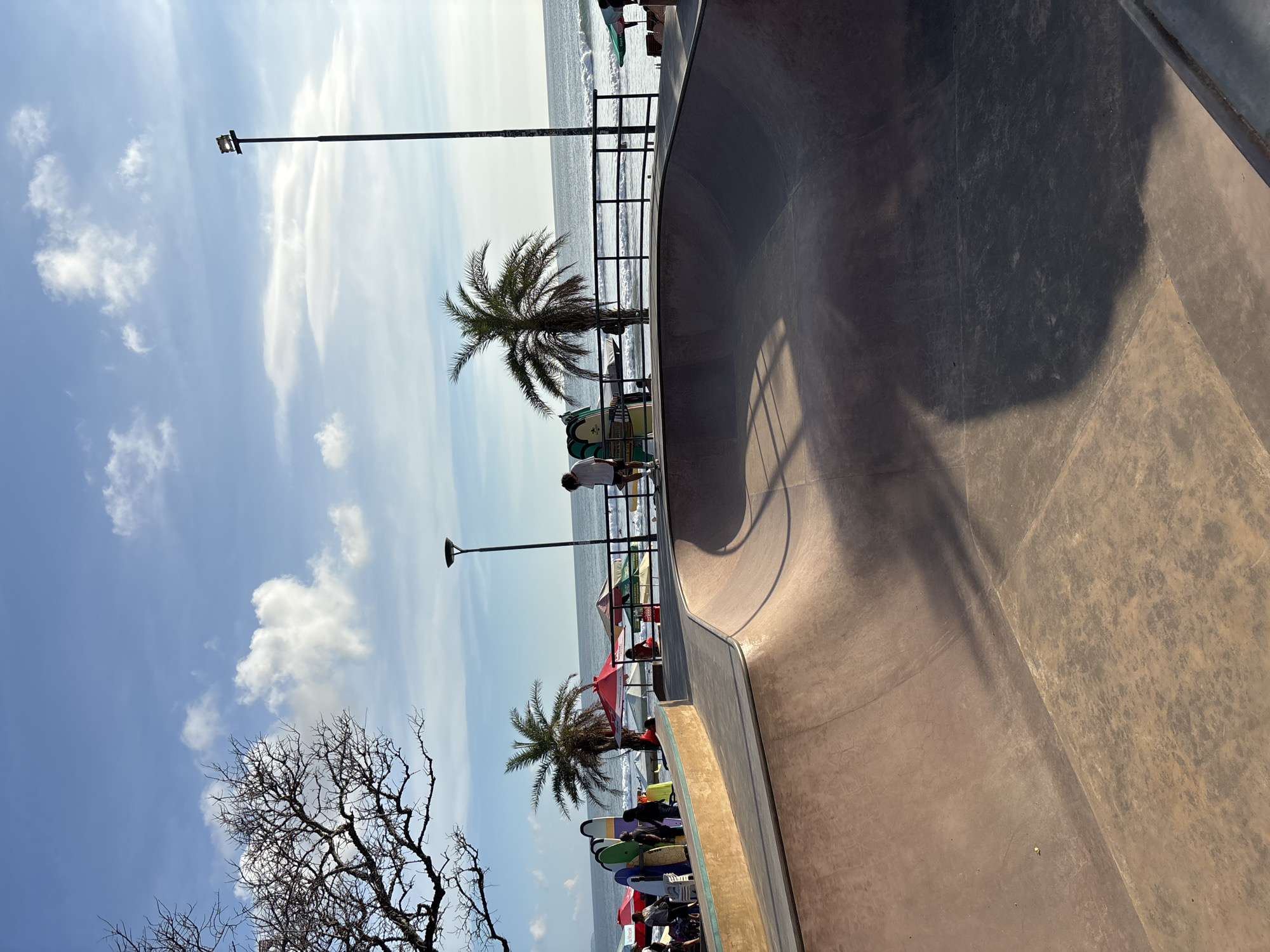 The image shows a seaside skatepark in Kuta, Indonesia. The skatepark is partially in the foreground with a large, curving concrete ramp dominating the right side of the frame. A black metal railing runs along the edge of the skatepark, separating it from a beach. In the background beyond the railing is the ocean with waves breaking on the shore. Along the beach are palm trees, bare branches of deciduous tree, colorful beach umbrellas, surfboards, and people. Overhead are light posts and a partly cloudy sky.