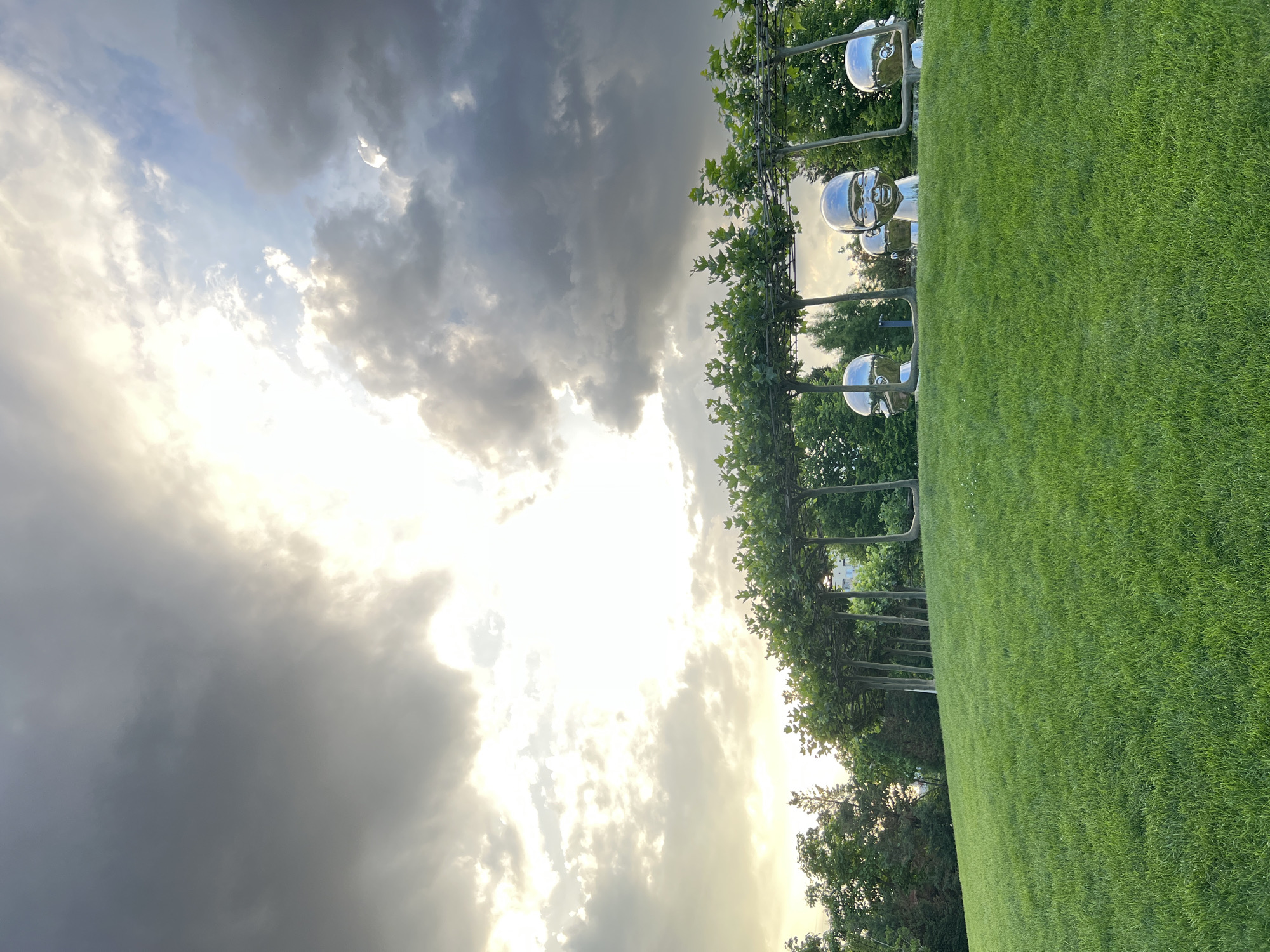 The image depicts an outdoor park scene with a large, manicured green lawn in the foreground. In the mid-ground, a row of stylized trees with flat-topped canopies are visible, supported by a horizontal structure. Behind these trees, several large, reflective sculptures of baby heads are positioned. The background features a dense line of trees, with a building partially visible behind them. The sky above is dramatic, with a mix of dark, heavy clouds and bright, illuminated areas, suggesting either sunrise or sunset. The location is identified as the "Park of the First Teacher" in Krasnodar, Russia. There are no people visible in the image.