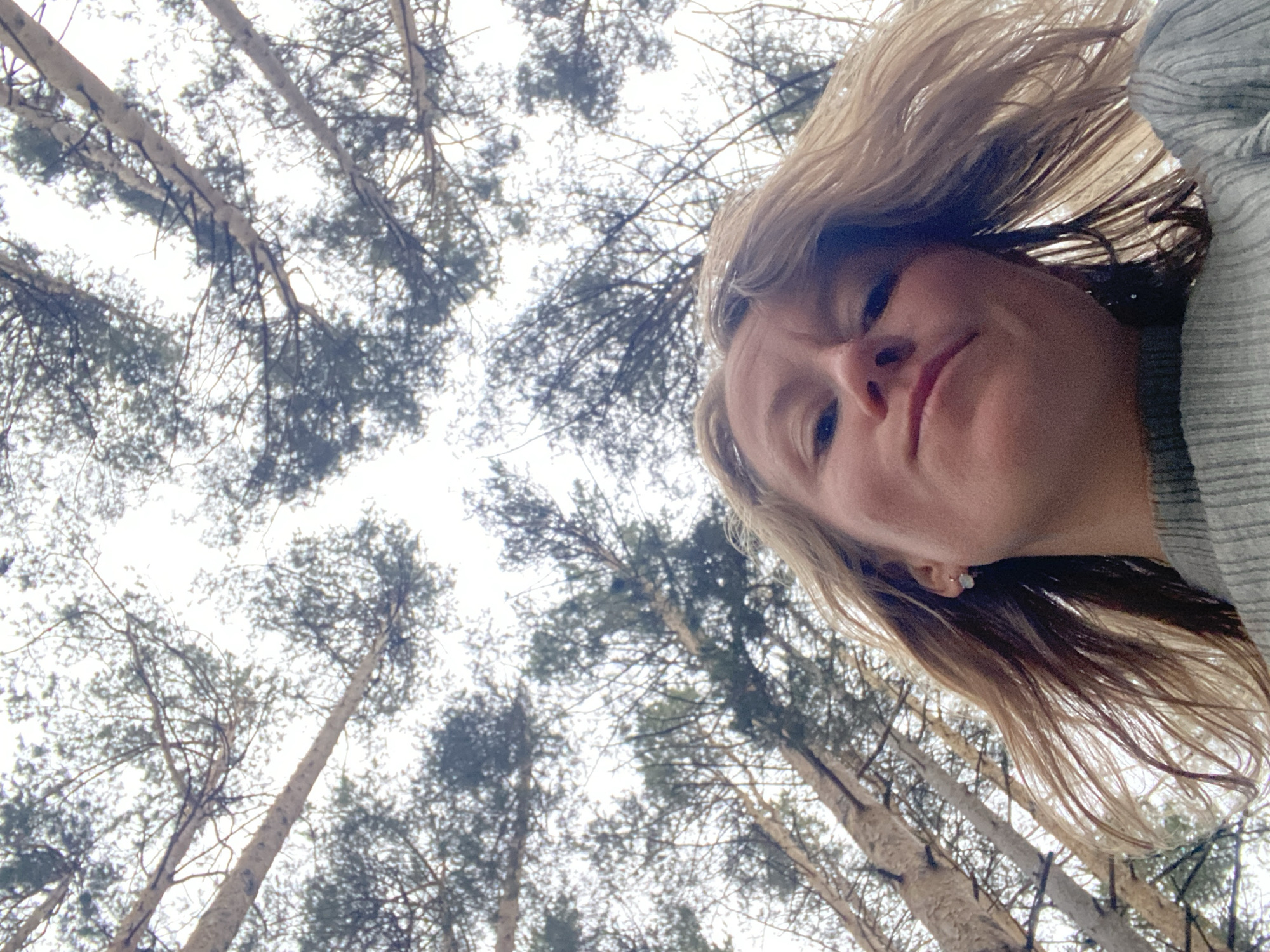 The image presents a low-angle, upward-looking view from a forest. Tall, slender trees with dense branches fill much of the frame, reaching towards a bright, overcast sky. In the upper right of the frame, a woman's face is visible, angled downward to look into the camera. Her hair is shoulder-length and light brown with lighter highlights. She wears a light grey sweater. The image was taken outdoors during the day. The exact location in Chaikovsky, Russia is indiscernible from the image.