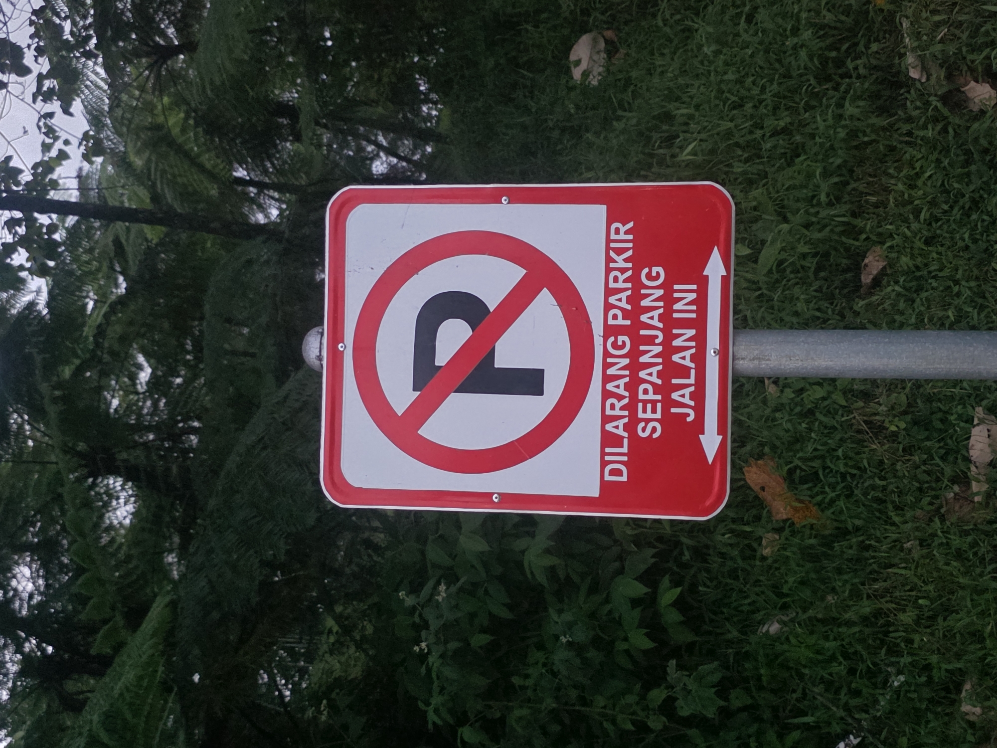 A "no parking" sign is mounted on a metal pole in front of lush green vegetation. The sign is rectangular with rounded corners and a red border. Inside the border, a large white circle contains a red diagonal line through the letter "P", indicating no parking. Below the symbol, the text "DILARANG PARKIR SEPANJANG JALAN INI" is written in white capital letters, which translates to "NO PARKING ALONG THIS ROAD". White arrows point left and right, suggesting the restriction applies to both directions. The background consists of dense green foliage and trees, suggesting an outdoor setting, possibly in a park or a roadside with natural surroundings. The lighting appears overcast, consistent with a cloudy day or a shaded area.