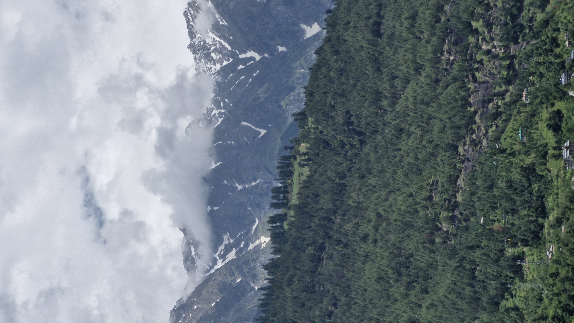 The image shows a panoramic view of the mountainous landscape surrounding Vashisht, India. The foreground is dominated by a dense, green forest that covers a steep hillside. Scattered throughout the forest are a few small buildings and a cell tower. In the midground, the forest gives way to rocky terrain with patches of snow. The background features imposing, snow-capped mountains partially obscured by dramatic, cloudy skies. The scene conveys a sense of remote, natural beauty.