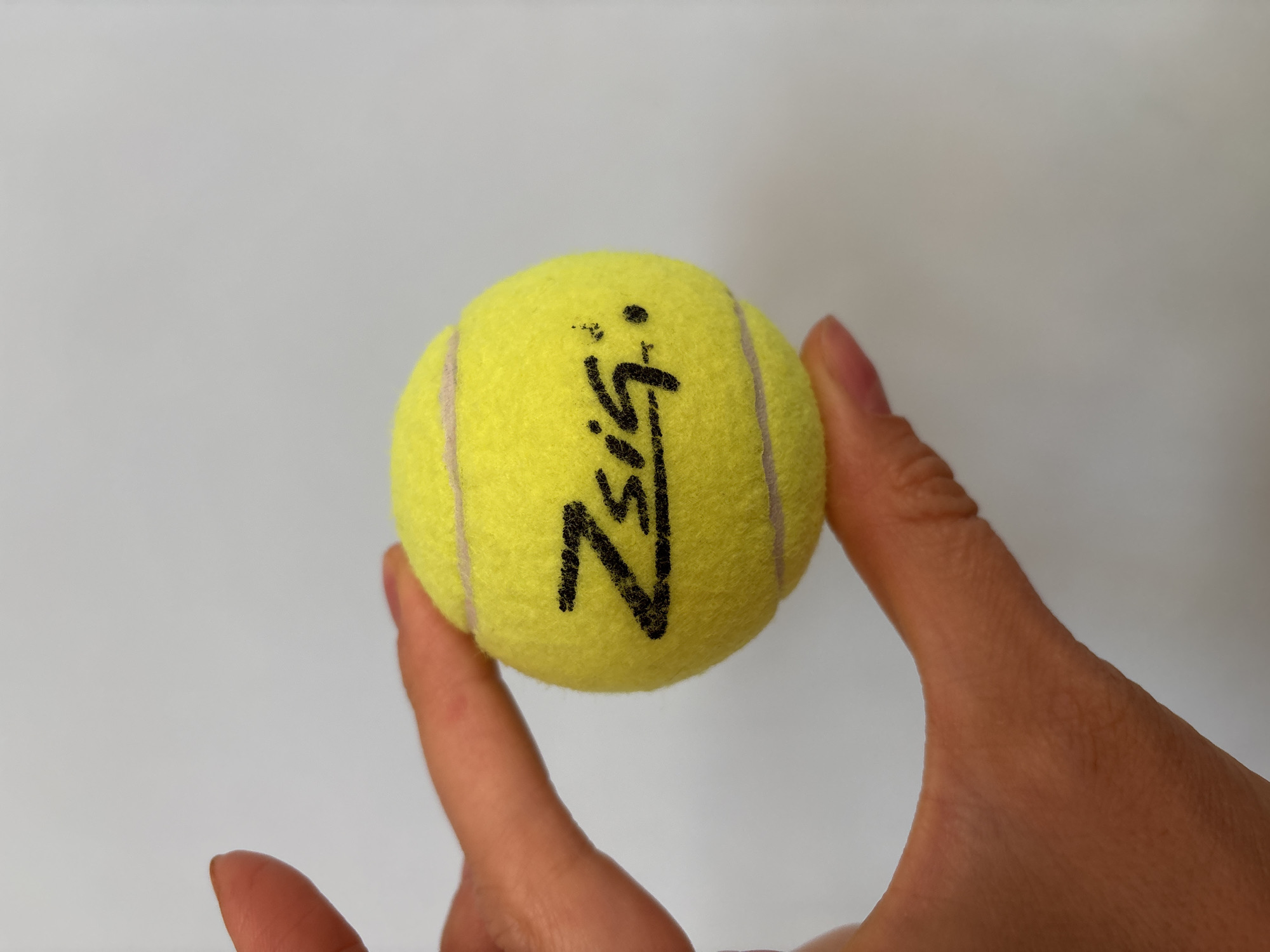A hand is holding a yellow tennis ball against a plain white background. Black ink is written on the ball. The location in the city of Chaikovsky, Russia cannot be determined from the image.