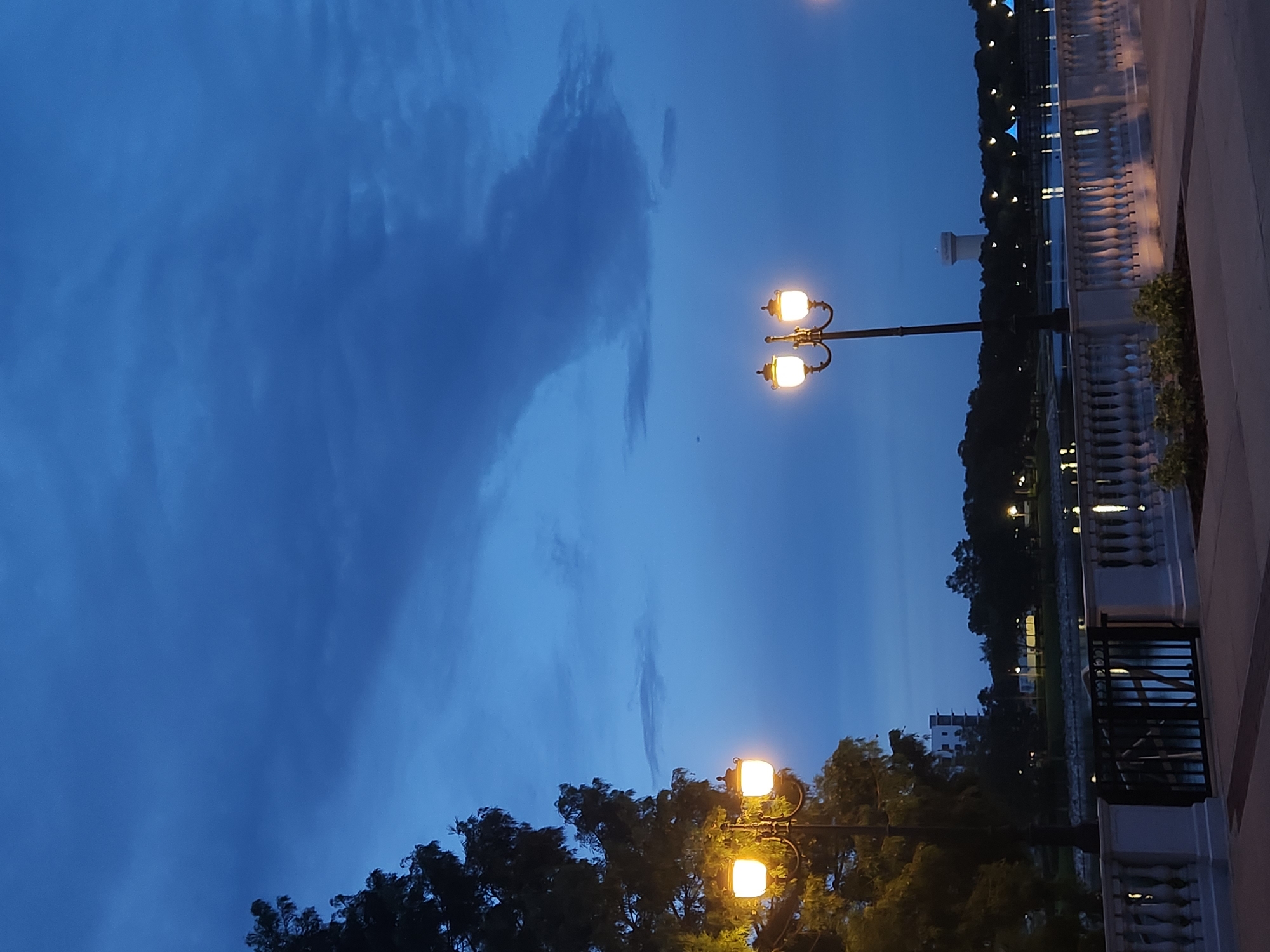 This is a vertical, medium-angle, full shot of a waterfront promenade at dusk in Altamonte Springs, Florida, United States of America. In the foreground, a paved walkway runs horizontally across the bottom of the frame. To the left, a large, dark green tree partially obscures a double-headed streetlamp that is illuminated with warm yellow light. Behind the tree, a tall, thin white building can be seen. In the midground, a body of water, likely a lake or river, reflects the lights from across the way. A white balustrade lines the edge of the promenade, separating it from the water. Across the water, a line of trees forms the horizon, punctuated by various streetlights and a distant water tower. The sky above is a deep, dark blue, with wispy clouds creating texture. The overall mood is peaceful and serene, with the artificial lights offering a warm contrast to the fading daylight.