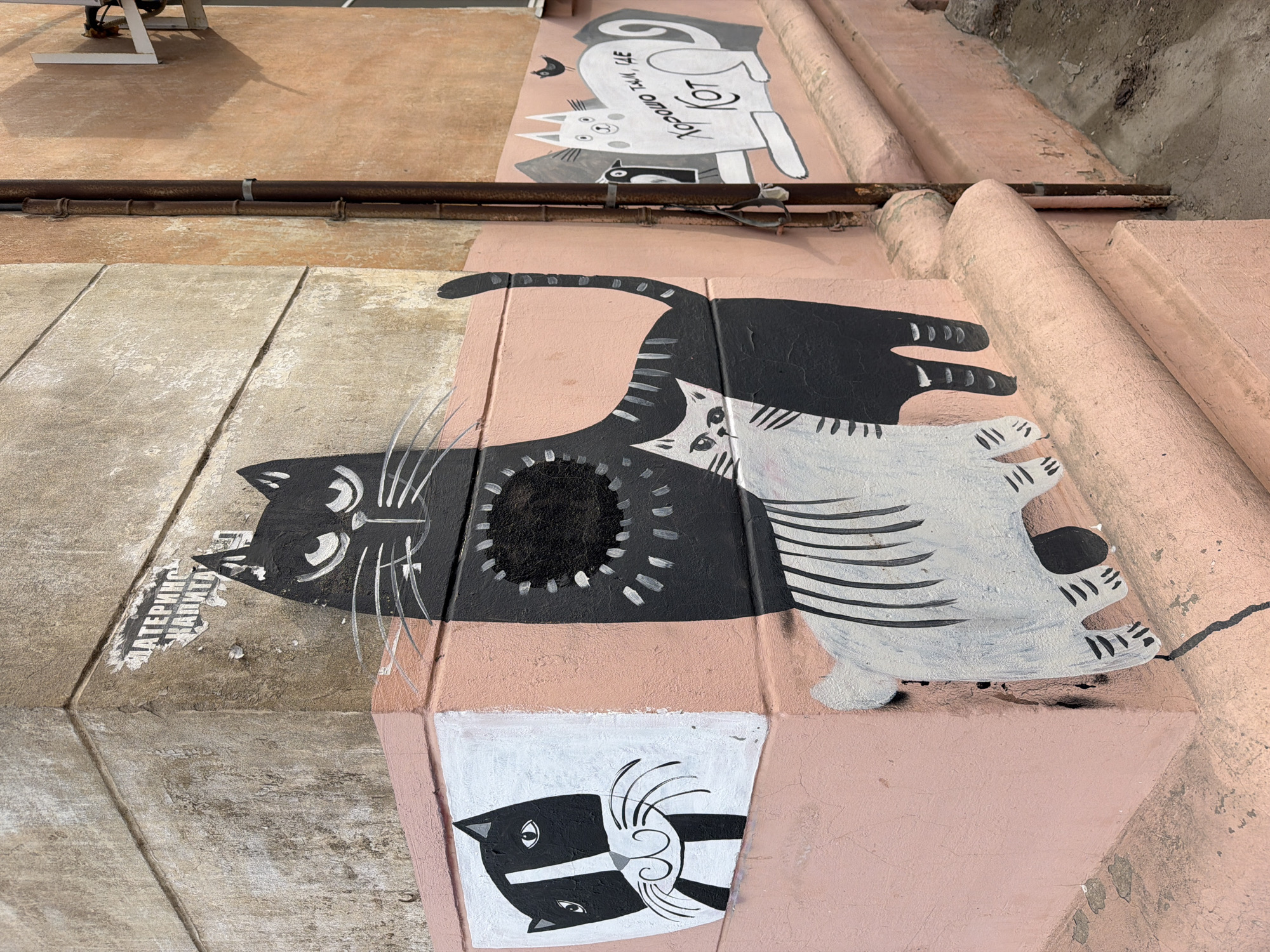 The image shows a staircase in Votkinsk, Russia, decorated with cat-themed artwork. The staircase is painted pink and has several sections featuring different cat designs in black, white, and gray. The artwork includes stylized cat figures in various poses. On the top section of the staircase, cats are painted with text in Russian. On the middle section, two large cats (one black, one white) are intertwined. The bottom section features a smaller, black-and-white cat design. The steps leading to the stairs appear to be concrete and are heavily weathered. A metal pipe runs along the side of the staircase. The image is taken from a high angle.