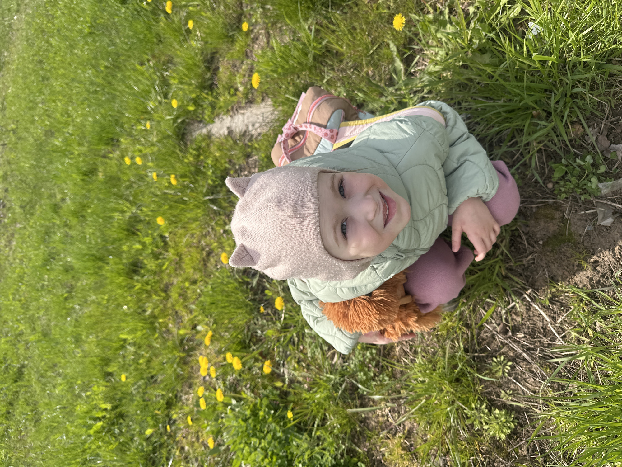 A young child, likely a toddler, is captured from an overhead perspective, sitting on a patch of green grass dotted with numerous bright yellow dandelions and some areas of bare earth. The child is wearing a light green quilted jacket, pink trousers, and a light pink or beige knitted hat designed with small ear-like protrusions. They are holding a furry brown stuffed animal, which appears to be a lion or bear.
The child is looking directly upwards at the camera with wide, blue eyes and a broad, joyful smile, indicating a happy and engaging mood. Bright sunlight illuminates the scene, suggesting a clear, sunny day, likely during spring or early summer given the fresh green grass and dandelions. The overall setting is a natural, open outdoor space, possibly a park or yard, in Chaikovsky, Russia. There is no visible text in the image.