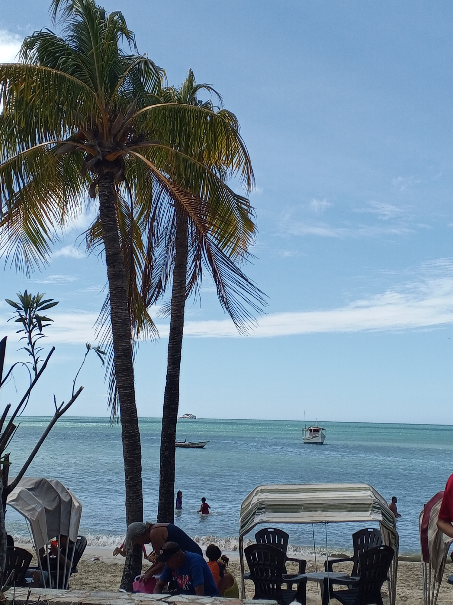 A beach scene with palm trees and people. There are several people on the beach and in the water. A boat is in the distance. There are chairs and a table in the foreground. The sky is blue with some clouds. The location is Unknown, Unknown.