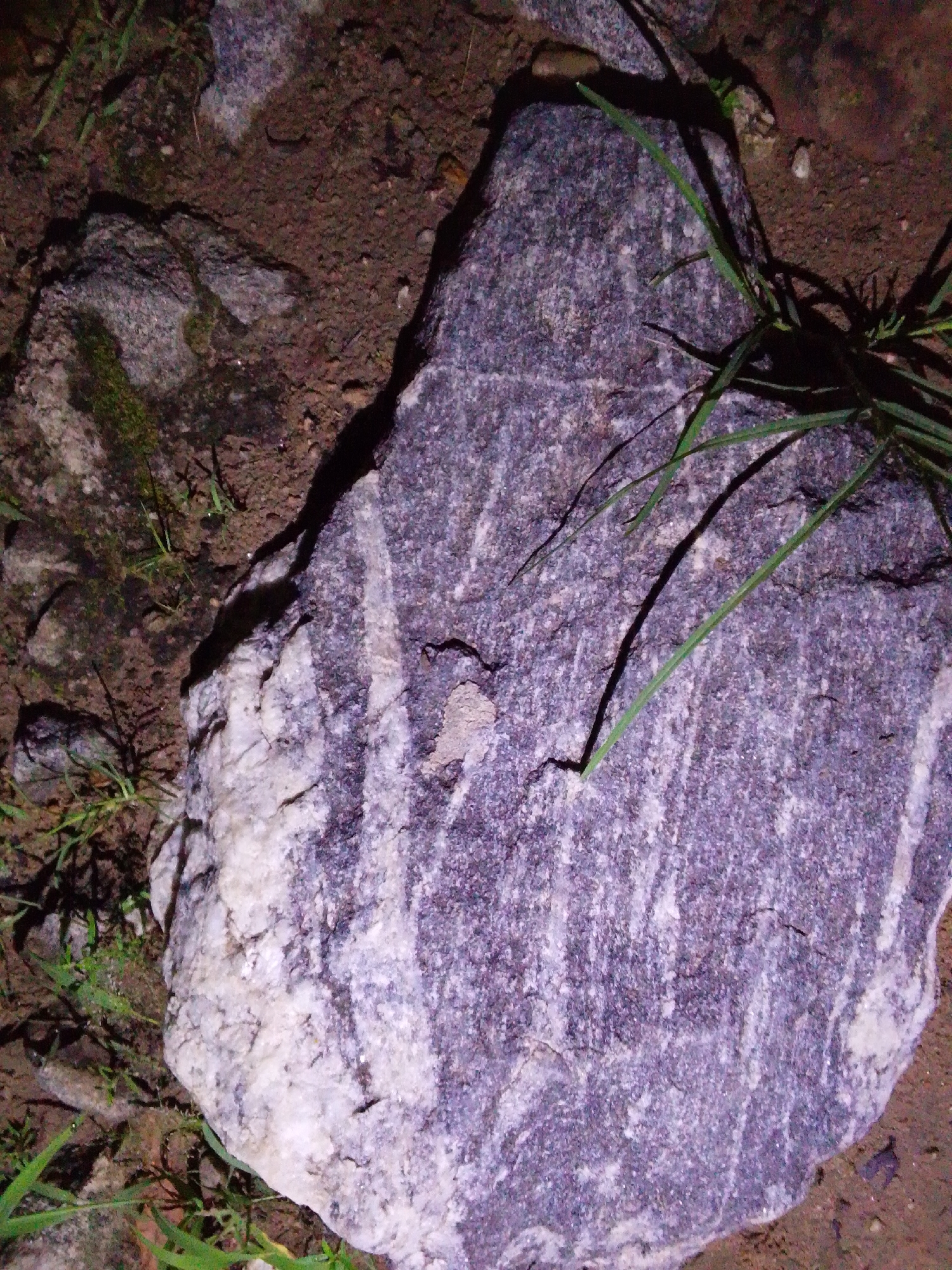 A large, rough, irregularly shaped rock with a mottled purple and white surface rests on dark soil. Several blades of green grass are visible, some growing around and over the rock. In the background, other rocks and patches of dirt are discernible. The lighting suggests it is nighttime or a dimly lit area. The location is the city of Serti, Nigeria.