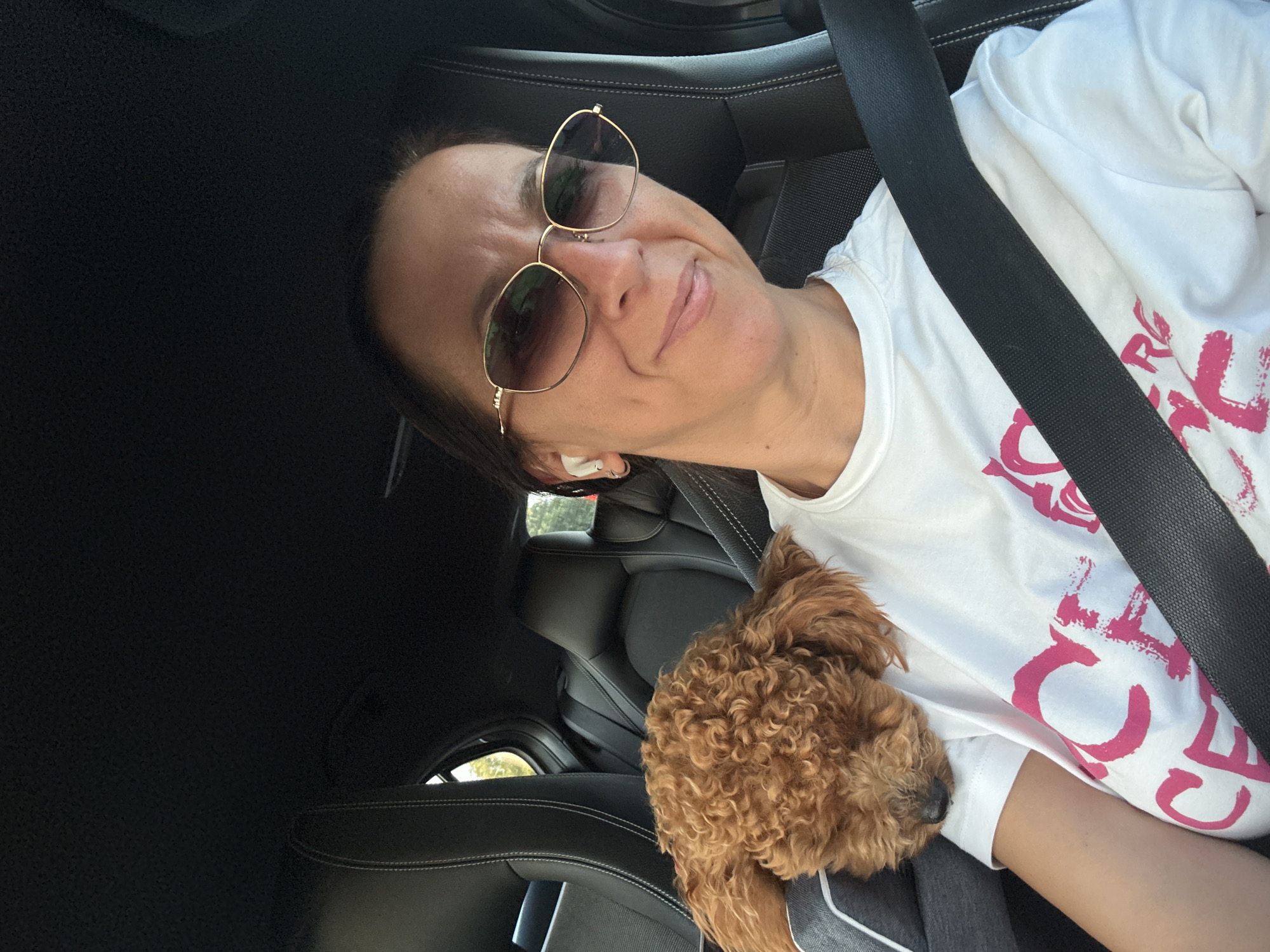A woman with dark hair, wearing sunglasses and a white t-shirt with pink lettering, is in the driver's seat of a car. A small, brown, curly-haired dog is sleeping on her shoulder. The car's interior is visible, including black leather seats and a seatbelt. The scene appears to be set in a city, possibly Groningen, Netherlands, judging by the context provided.
