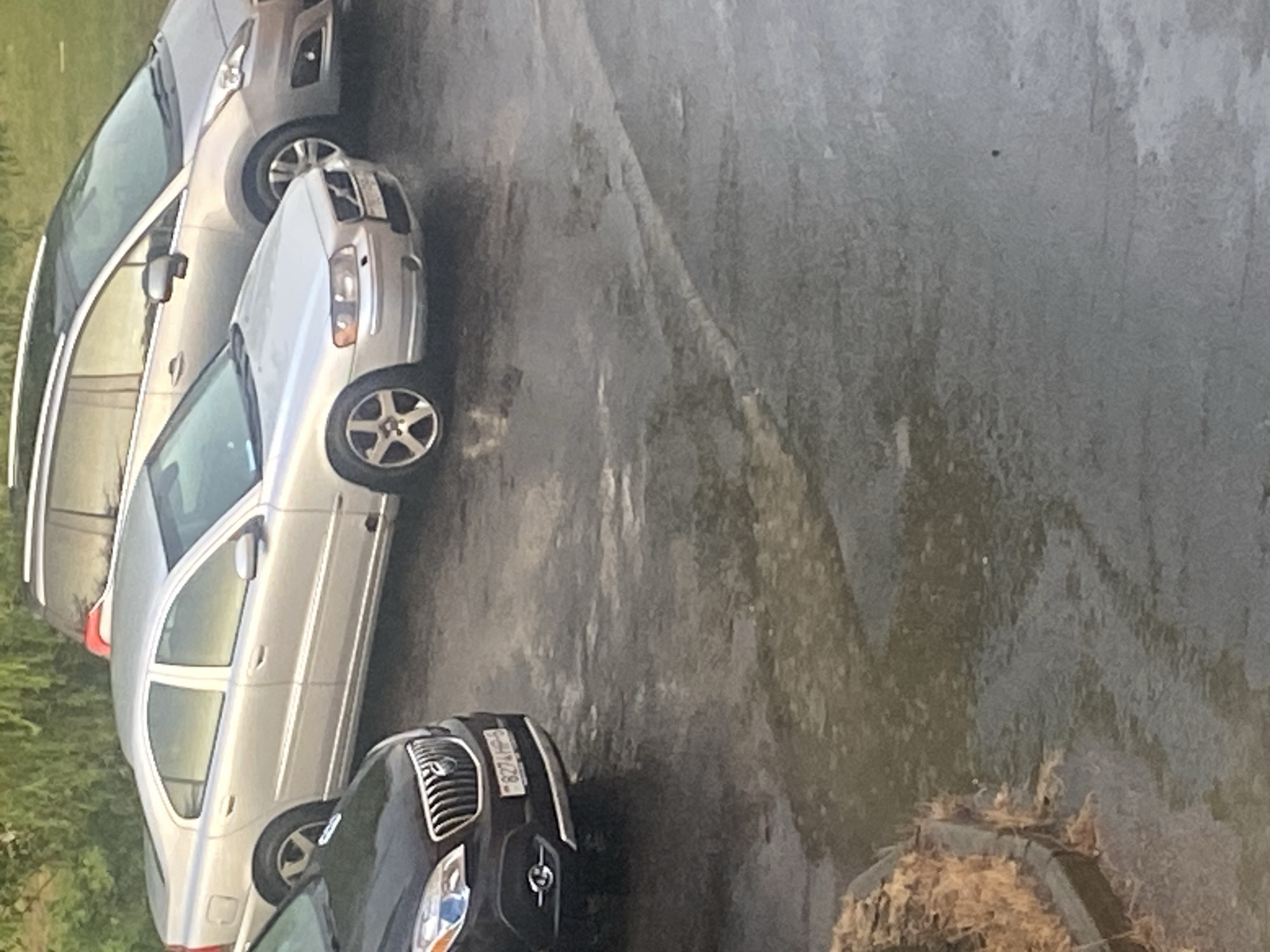 The image depicts a street scene in the city of Krupki, Belarus, likely on a wet day as indicated by the reflective wet asphalt and some visible puddles. In the foreground, a black Buick is parked, its license plate partially visible, reading "8274HP-6". Behind the Buick, a silver Volvo sedan is parked, and further back, a silver station wagon is also visible. The cars are parked on what appears to be a paved surface, possibly a parking lot or a street. The background shows some greenery, likely trees and bushes, suggesting an outdoor, possibly residential or commercial, area. The overall impression is a static scene of parked vehicles on a wet day in Krupki.