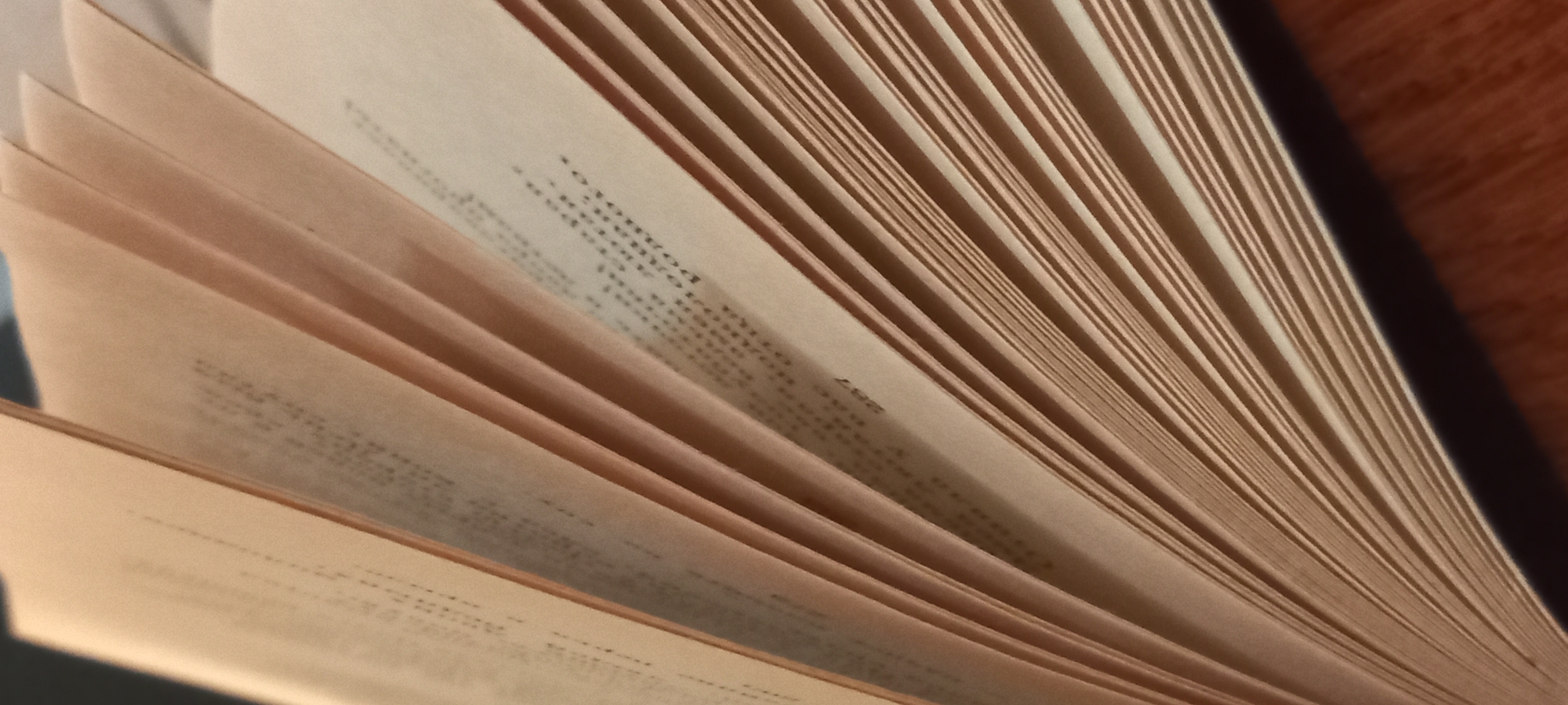 The image presents a close-up, angled view of an open book with its pages fanned out. The pages, appearing off-white or cream-colored, create a sense of depth and texture as they spread from the bottom left towards the upper right of the frame. Many pages display lines of printed text, although most are illegible due to the angle and blur. However, on one page, the number "287" is clearly visible, likely indicating a page number. Other fragments of text, such as a word resembling "COMMAND", can also be partially observed.
The book's spine, dark brown or black, is visible along the far right edge of the frame. This spine rests against a reddish-brown wooden surface, which forms the background on the right side of the image. The lighting is soft and even, highlighting the paper texture and the layered arrangement of the pages. The setting appears to be indoors. No people are visible, and no specific time of day or external environmental details can be determined from the photograph. The image solely focuses on the physical structure and contents of the open book.