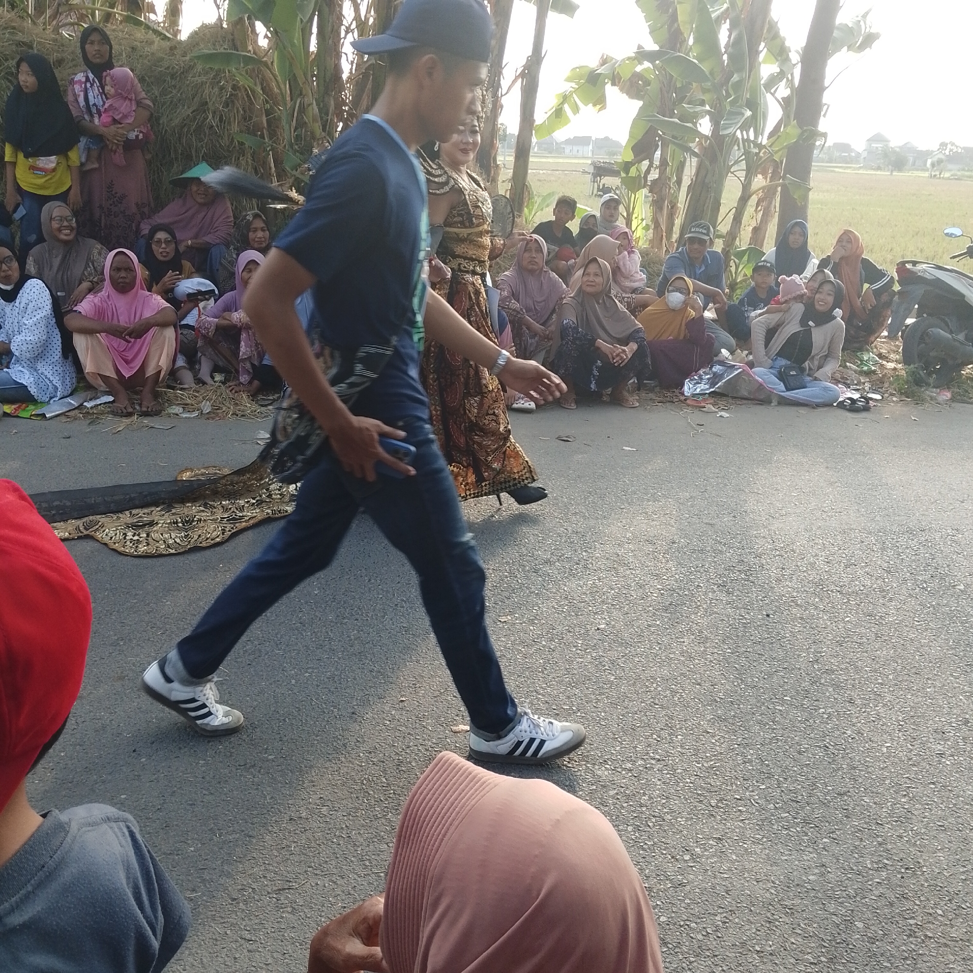 In Palang, Indonesia, a group of people are gathered outdoors, likely for an event, with a natural backdrop of trees and a rice field. The foreground is dominated by a man in a dark blue t-shirt and jeans, wearing a black baseball cap, walking from left to right. He has a watch on his left wrist. Behind him, a woman in traditional attire, possibly a dancer, is partially visible, adorned with elaborate gold detailing on her shoulders and a patterned skirt.
A crowd of spectators is seated on the ground to the left and behind the central figures. The audience consists of women and some children, many wearing hijabs in various colors including pink, purple, and brown. Some of the women are dressed in traditional clothing, such as a woman in a patterned brown and gold dress. A young child in a pink outfit is being held by an adult.
The ground is paved with asphalt, and scattered debris like dried leaves and plastic bags are visible. To the right, a black motorcycle is parked. The lighting suggests it is late afternoon or early morning, with a warm, bright sunlight casting shadows and illuminating the scene. The overall impression is of a local cultural event or celebration taking place in a rural or semi-rural setting.