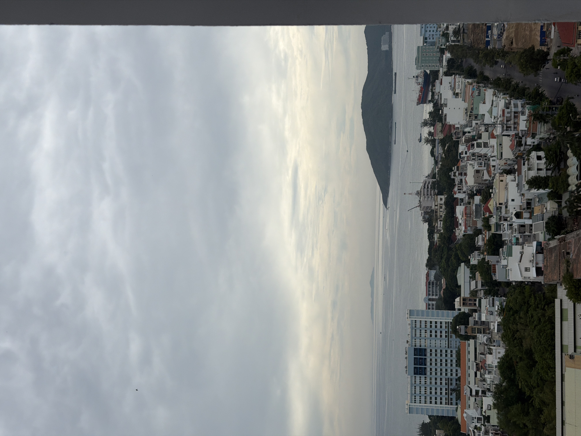 The image shows an aerial view of a coastal city, likely Nha Trang, Vietnam, on an overcast day. The foreground features a dense urban landscape with numerous buildings of varying heights and architectural styles, interspersed with lush green trees. A wide, tree-lined road with several cars is visible on the right side, leading into the city. Beyond the urban area, the calm sea stretches towards a distant, verdant mountainous island. A few ships and smaller boats are scattered across the water. The sky is filled with heavy, grey clouds, casting a diffused light over the scene. The overall atmosphere is subdued, typical of cloudy weather.