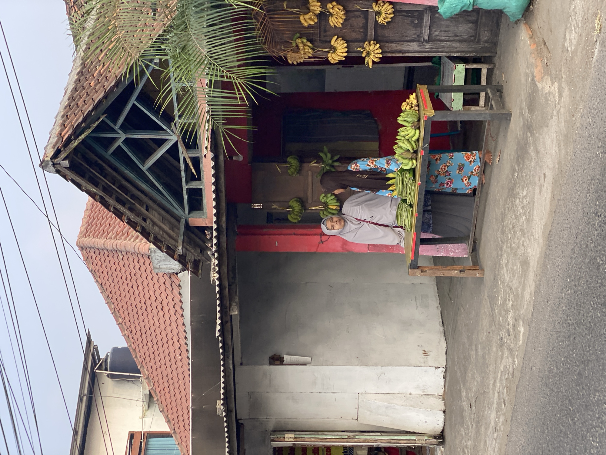 A street-level, outdoor, medium shot captures two women standing near a fruit stand in Kasihan, Indonesia. The woman on the left, wearing a light grey hijab and grey dress, stands behind a table laden with bananas and other produce. The woman on the right, adorned in a colorful floral dress and a dark brown hijab, stands beside her, also near the fruit stand. A wooden table, with a red trim and a black metal frame, is in the foreground, displaying rows of green bananas. To the right of the stand, a weathered wooden door is decorated with hanging bunches of ripe yellow bananas. The scene is set against the backdrop of a building with a red-tiled roof and a gray stucco wall. Overhead, a network of power lines crisscrosses the sky. A palm frond from a nearby tree extends into the upper right portion of the frame. The ground in front of the stand is paved with concrete, transitioning to asphalt for the street. The time of day appears to be early morning or late afternoon, given the soft lighting.