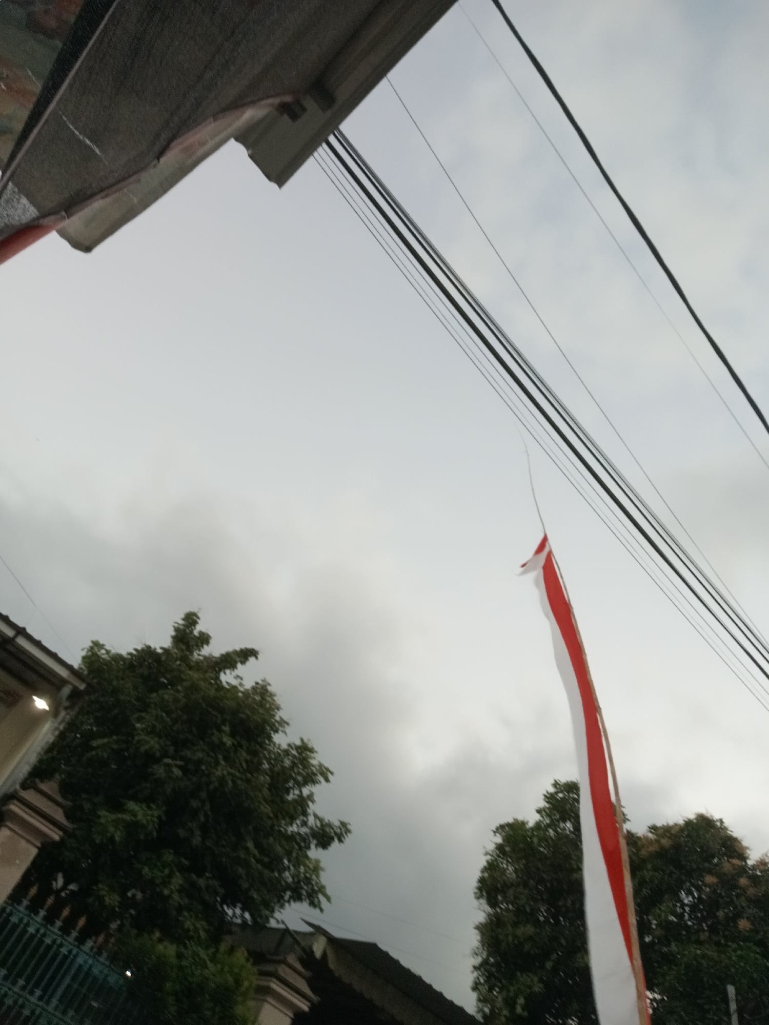 The image depicts an outdoor scene with a cloudy sky. In the foreground, several dark electrical wires crisscross the frame diagonally. A vertical Indonesian flag, red and white, hangs down on the right side of the image, partially obscured by the wires. To the left and center, the dark green foliage of trees is visible, with the roofline of a building and part of its facade in the background. The overall lighting suggests an overcast day. The scene appears to be situated in Simo, Indonesia, given the Indonesian flag.