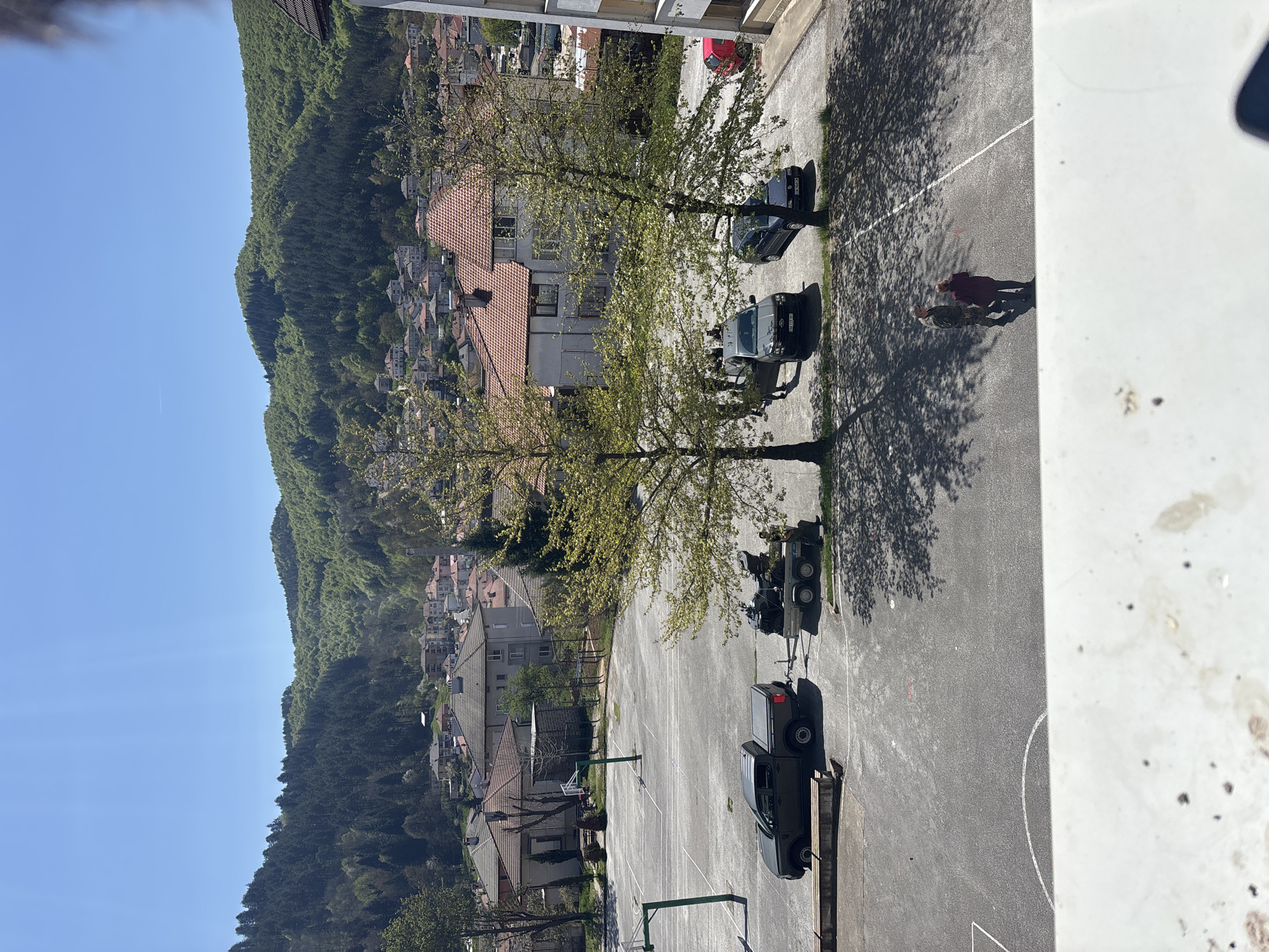 The image shows a view from an elevated position, likely a balcony or high window, overlooking a scene in what appears to be Zlatograd, Bulgaria, characterized by a mountainous landscape and a mix of residential buildings. A tree grows in the central area of an open court with parking spaces marked with white lines. Several dark-colored vehicles are parked in the area. Two people are standing in a parking space at the top right of the parking lot. There are basketball hoops with a net in the lower left area of the court. In the background, there are houses with terracotta roofs nestled into the green hillside. The sky is a clear blue.