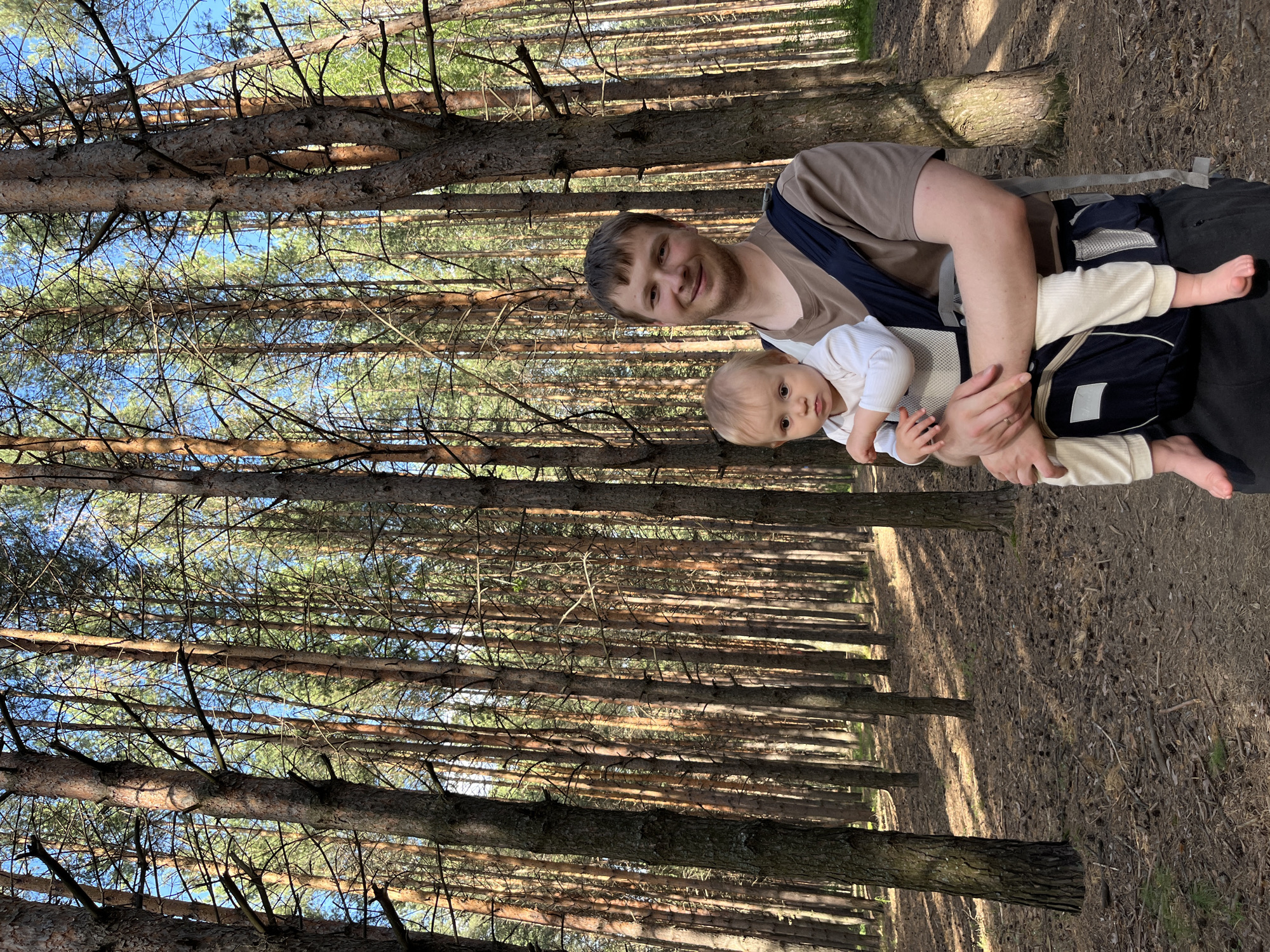 The scene depicts an adult male carrying an infant in a front-facing baby carrier, standing in a dense pine forest in Chaikovsky, Russia. The male, appearing to be in his late 20s to early 30s, has short light brown hair and light facial stubble, and is smiling directly at the viewer. He wears a plain brown short-sleeved t-shirt and dark trousers, with a dark blue, gray, and white baby carrier strapped to his chest. His right arm is bent, holding the infant securely within the carrier. The infant, appearing to be under one year old, has fair skin and sparse light hair, and is wearing a cream-colored long-sleeved ribbed top and matching pants, with bare feet. The infant's expression is neutral, and it looks slightly to the left of the camera.
The environment is characterized by numerous tall, slender pine trees with reddish-brown bark, densely packed and extending vertically throughout the frame. Green pine needles are visible higher up on the trees, with sparser, darker branches in the lower sections. Patches of clear blue sky are visible through the tree canopy. The forest floor is covered with a thick layer of dry pine needles, fallen twigs, and scattered pine cones. Distinct, elongated shadows are cast across the ground, indicating direct sunlight from a high angle. A faint, unpaved path is visible on the forest floor beneath the subjects.